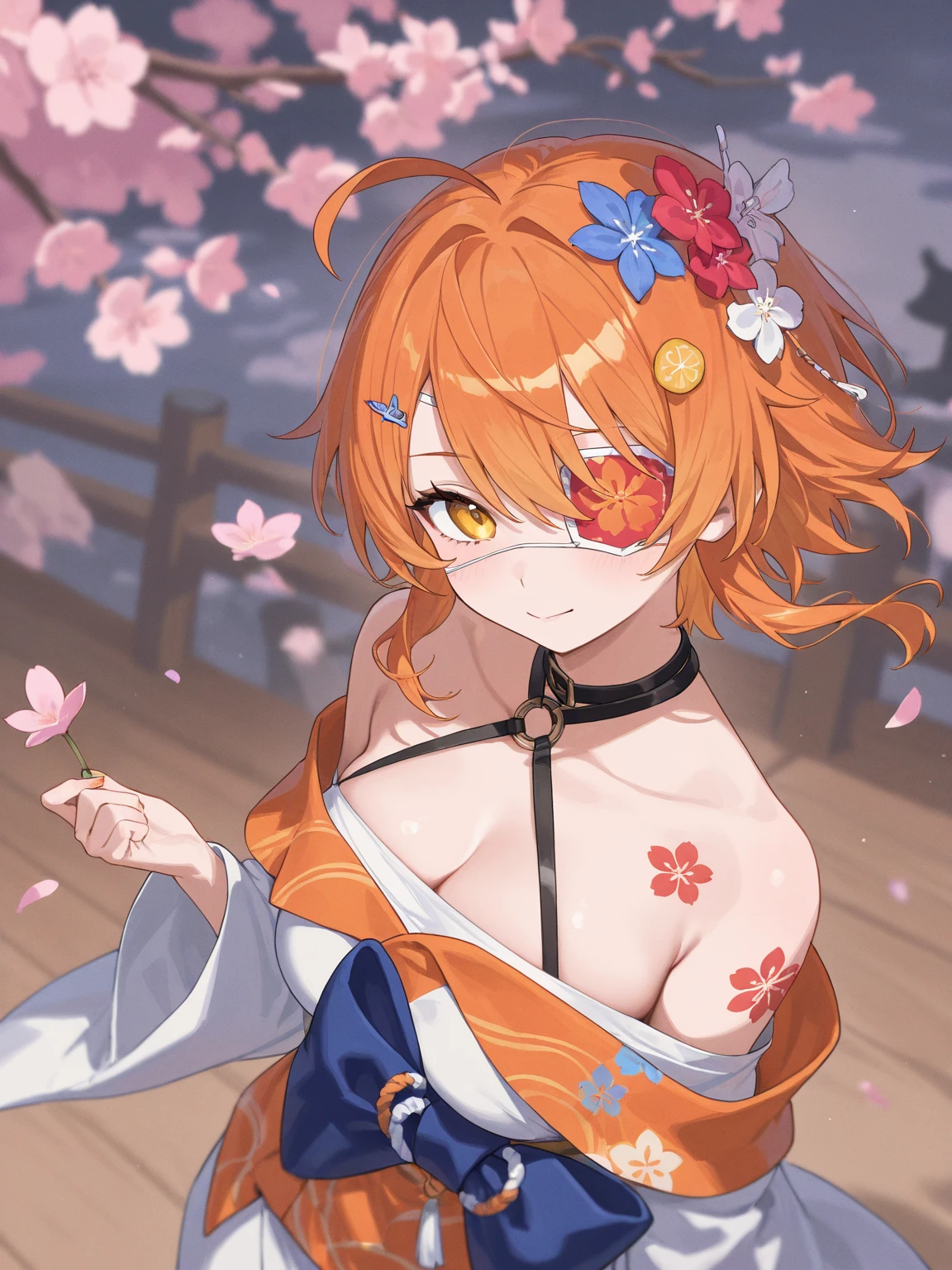 une femme, 25 ans, manga, cheveux longs, cheveux multicolor, topless, Top Details, kimono multicolor, masque kabuki