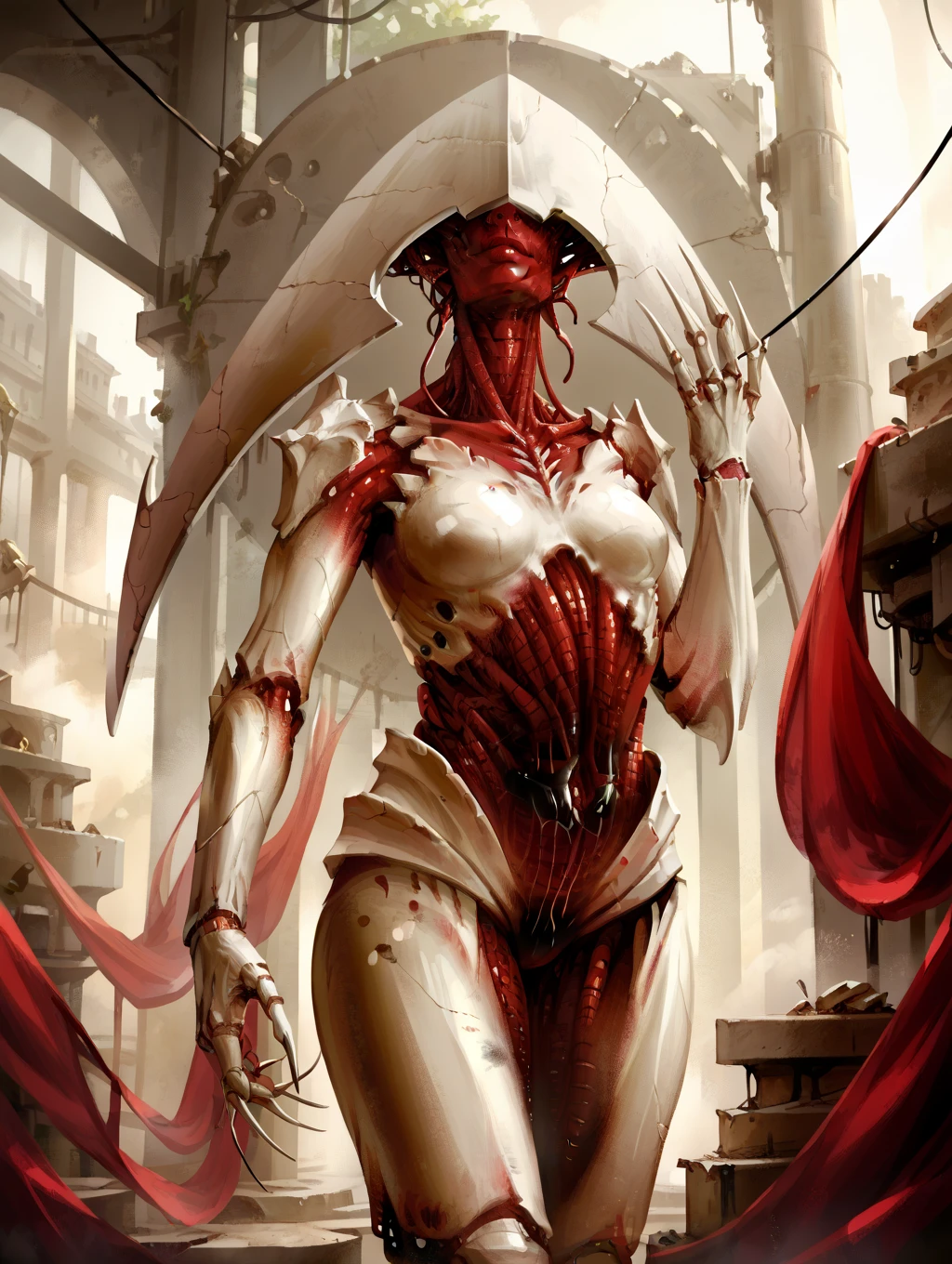 ((Best Quality)), ((masterpiece)), (detailed), Female 1,Front,stand,I look up, score_9, score_8_up, score_7_up, score_6_up, score_5_up, score_4_up, 1girl, solo, monster, faceless, eyeless, thick thighs, no humans, claws, red skin, colored skin, armor, , helmet,black oil,wiring,  factory,Ruins