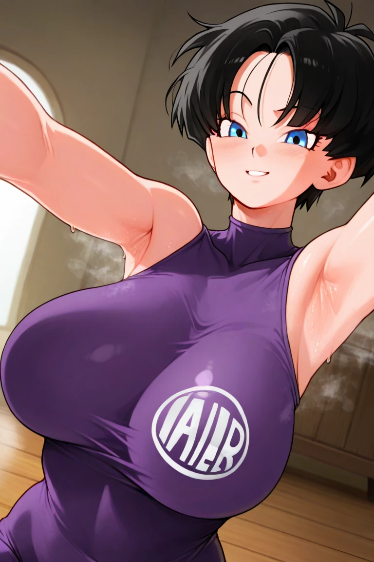 1990s, (masterpiece), high-definition, front view, detailed face, cute girl, perfect body, (big tits: 1.4) big hips, round ass, (black hair with dark purple highlights: 1.4), (happy face: 1.4), city street background, sunset