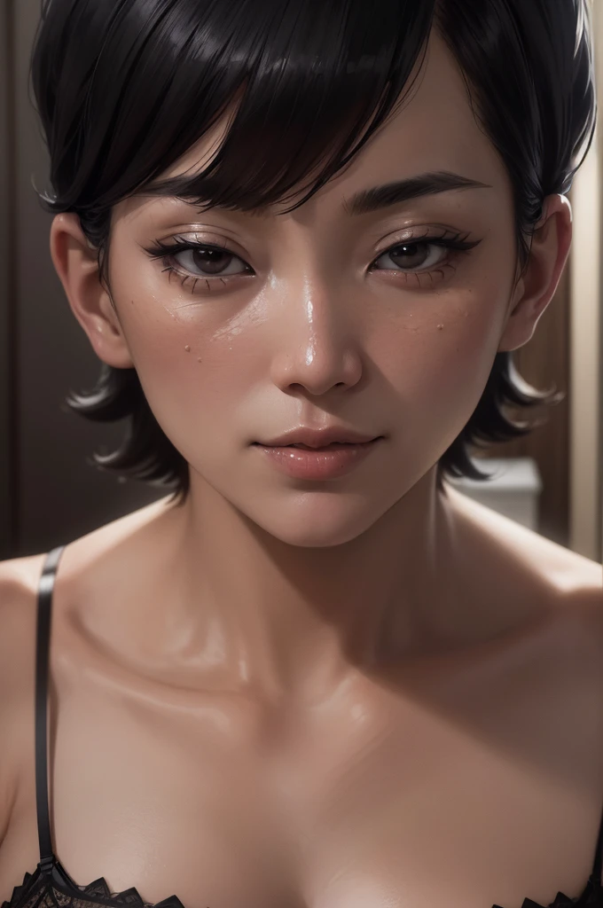 night scene, close up photo of a sexy naked malay girl with bob cut hair (JannaNick:1.5), posing, close up, look at a camera and smile, light brown bob cut hair, (brown eyes:0.8), cute young face, 18 yo, soft volumetric lights, (backlit:1.3), (cinematic:1.3), intricate details, (ArtStation:1.2)