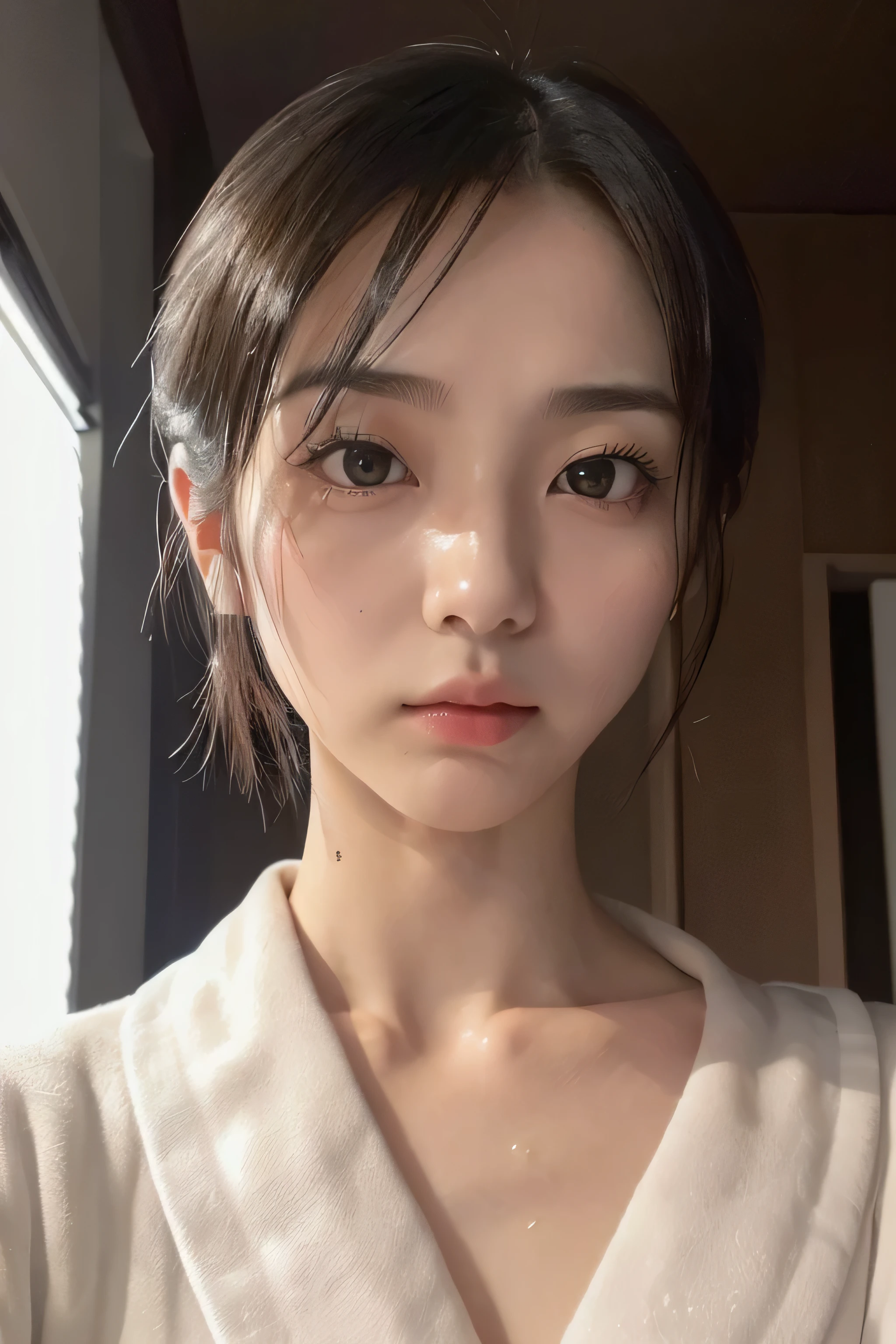 8k、High resolution、maid clothes fashion、beautiful girl、slender body、young、white skin,、narrow eyes,high nose,lighting that illuminates the face、clear image、intellectual beauty、Eyes staring straight ahead、skinny、no makeup、short hair、anxious look、lighting that illuminates the face,shining hair、