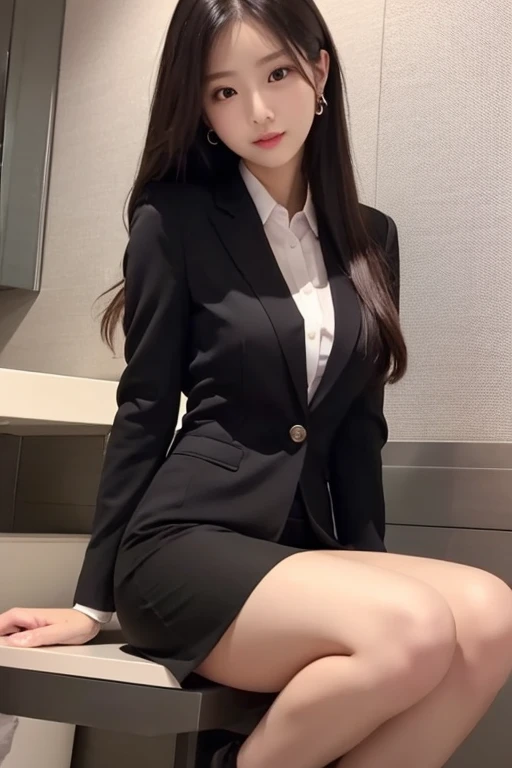 Full length women in black suit, exuding an air of sophistication and professionalism, are often seen in corporate environments. The monochromatic color palette of their attire accentuates their slender figures and the crisp lines of their garments. In this image, a woman is depicted sitting elegantly on the edge of a chair, her legs crossed at the ankles, revealing a peek of her polished shoes. The suit jacket drapes seamlessly over her shoulders, reflecting the natural lighting that falls softly upon her. Her black hair is slicked back, adding to the sleekness of her appearance. The room interior is adorned with minimalist decor and muted colors, bringing the