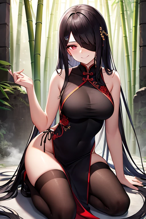 (best quality,4k,8k,high,masterpiece:1.2), Crona, ultra-detailed, beautiful girl, big breasts, mature, tall body, close-up, seductive body, Chinese style dress, lying lazily on a flat rock full of flowers, flying petals, seductive pose, colorful, magical forest, shiny particles, sparkling, night, atmospheric, enchanted, ethereal lighting, pure beauty, dreamy, serene, calm, mystical, alluring, mysterious, feminine, charming presence, black hair, cyclamen red highlights, side braid, red eyes, gentle smile, graceful posture, peaceful aura, radiant, beauty in nature