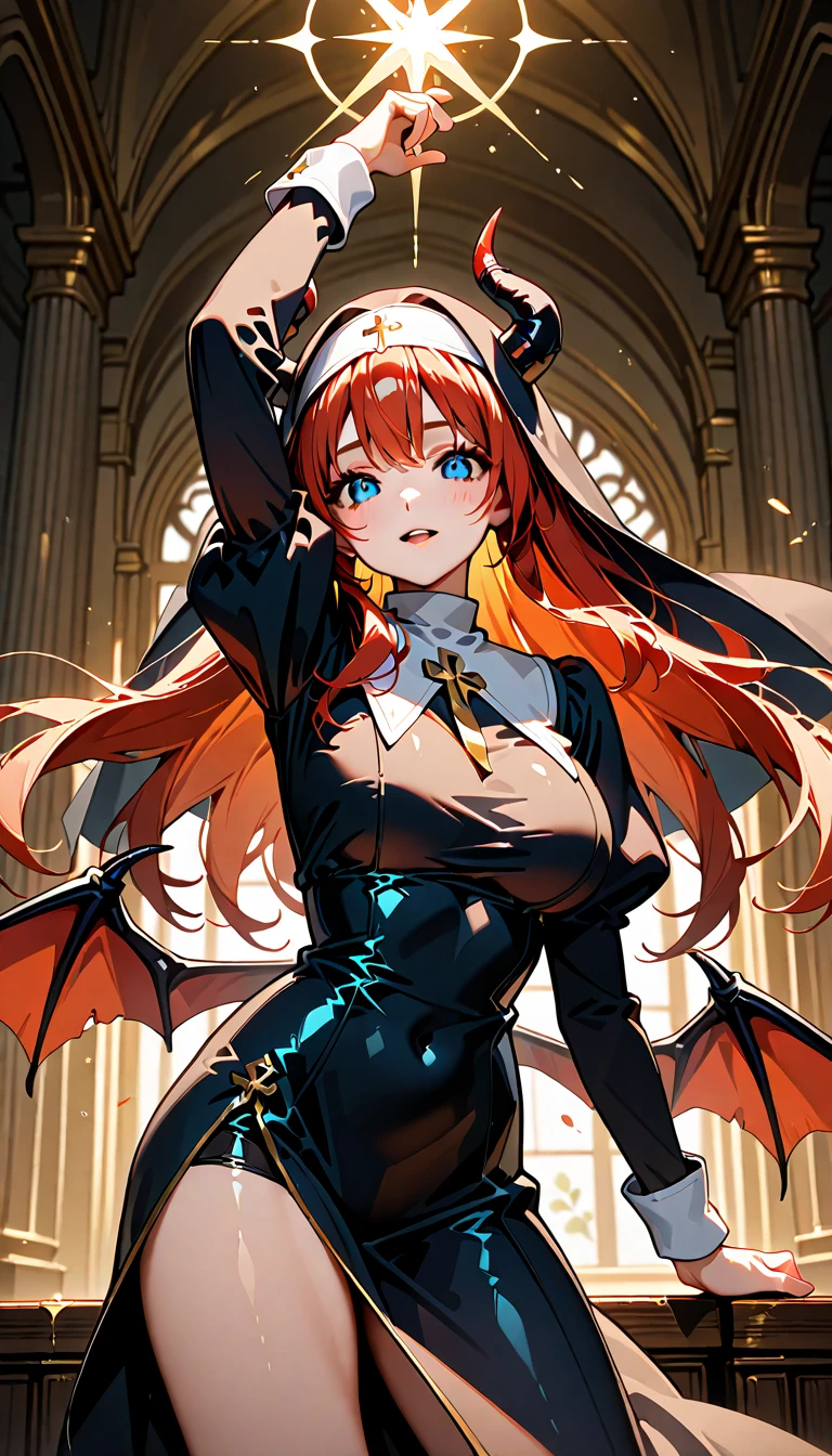 (delicate and beautiful CG artwork),(best quality, ultra-detailed, high resolution),(dynamic angle, dynamic lighting),(1 character),(long white and red hair, red eyes, beautiful face),(white stocking),(devil) (long sideburns) clock in background, city, night light, horns