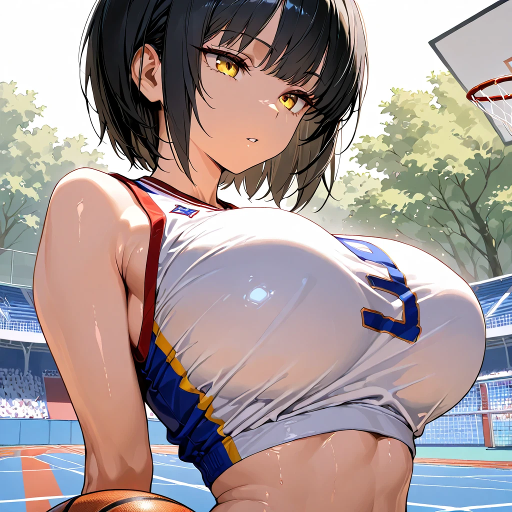 1 woman, 40k, insane quality, masterpiece, sports uniform, with a basketball, big , (((bare breasts:1,5))), cum on beasts, brushed nipple, big nipple, big hips, brown skin, african american hair, full lips, glossy lips, sweat in the body, seductive expression, looking at camera daylight,