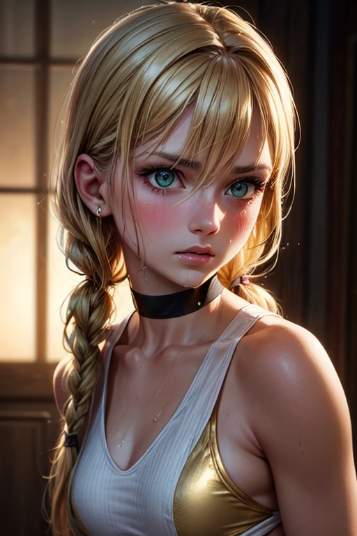 Blonde hair、Brunette Girl, big Smile, super beautiful shining eyes、Girl hanging from the ceiling with her arms tied with rough rope、Sweat、the rope tied her body、wet body、Rough rope digging into my crotch、A large amount of liquid flows out from the crotch、One leg is suspended above by a rough rope、tied with rope、tightly bound、both hands tied、legs hanging in shackles
(8K, Live shooting, Highest image quality, masterpiece: 1.4), Super high fine mesh, (Reality, photorealistic: 1.48), masterpiece、highest quality、Super detailed、8K、detailed light、detailed shadows、Raw、(detailed skin)、(Reality: 1.2)、18 years old、long hair、white lace underwear、In heavy rain