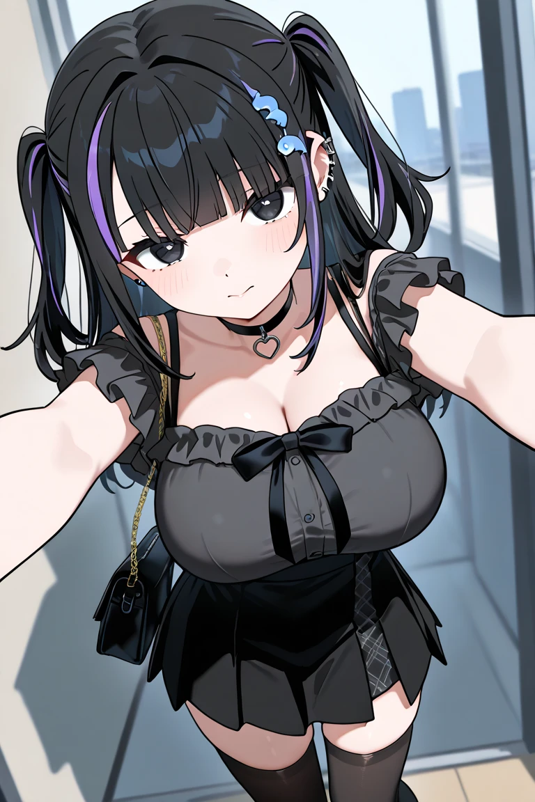 Create a 24-year-old anime girl with a plunging neckline in a purple dress in a shopping mall landscape with a face of love.