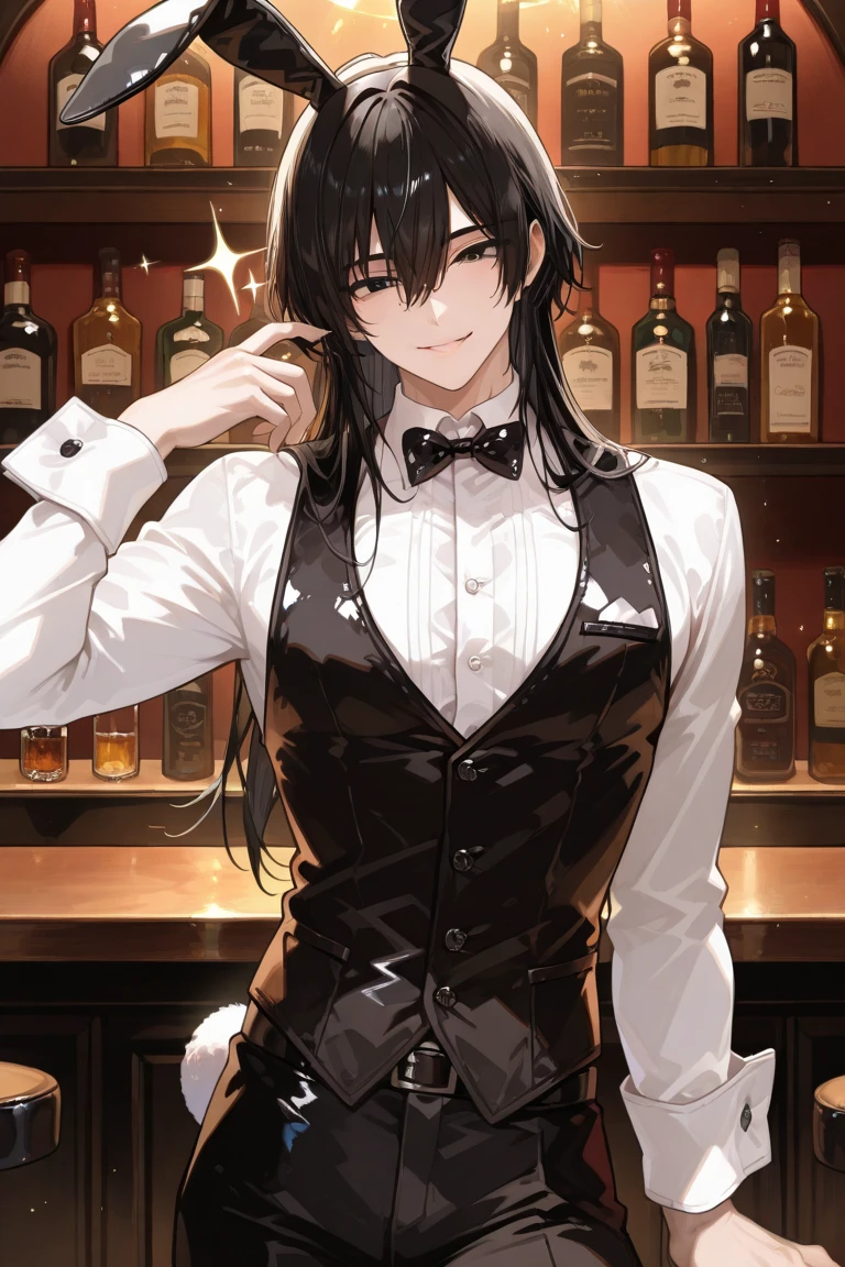 (Best quality, 4k, 8k, High Resolutions, Masterpiece: 1.2), Ultra detailed, realistic: 1.37, HDR, UHD, Studio lighting, Extreme detail description, professional, vivid colors, Bokeh, Portraits, anime, white and black, warm tones, soft lighting, Dynamic Angle, Bustling atmosphere, Bartender skills, Professional Suit, elegant haircut, charismatic smile, flirtatious look, Unique cocktails, classy glassware, Elegant bar counter, Polished wooden surface, Spotless clean, Colorful drink ingredients, fresh fruits, sparkling ice cubes, Creative drink presentation, Smoky atmosphere, dimly lit bar, Playful shadows, Lively customers, Energetic conversations, Relaxing jazz music, Sophisticated atmosphere, Nightlife atmosphere , Urban setting, Neon signs, Skilled mixologist, cocktail shaker, Bartender's tool kit, Hanging wine glasses, Vintage liquor bottles, Artistic decor, mysterious ATM, serving 1 guy with the following characteristics; 1 boy, sexy, with long black hair tied up, with purple eyes, red lips, white skin, and with a sweet look