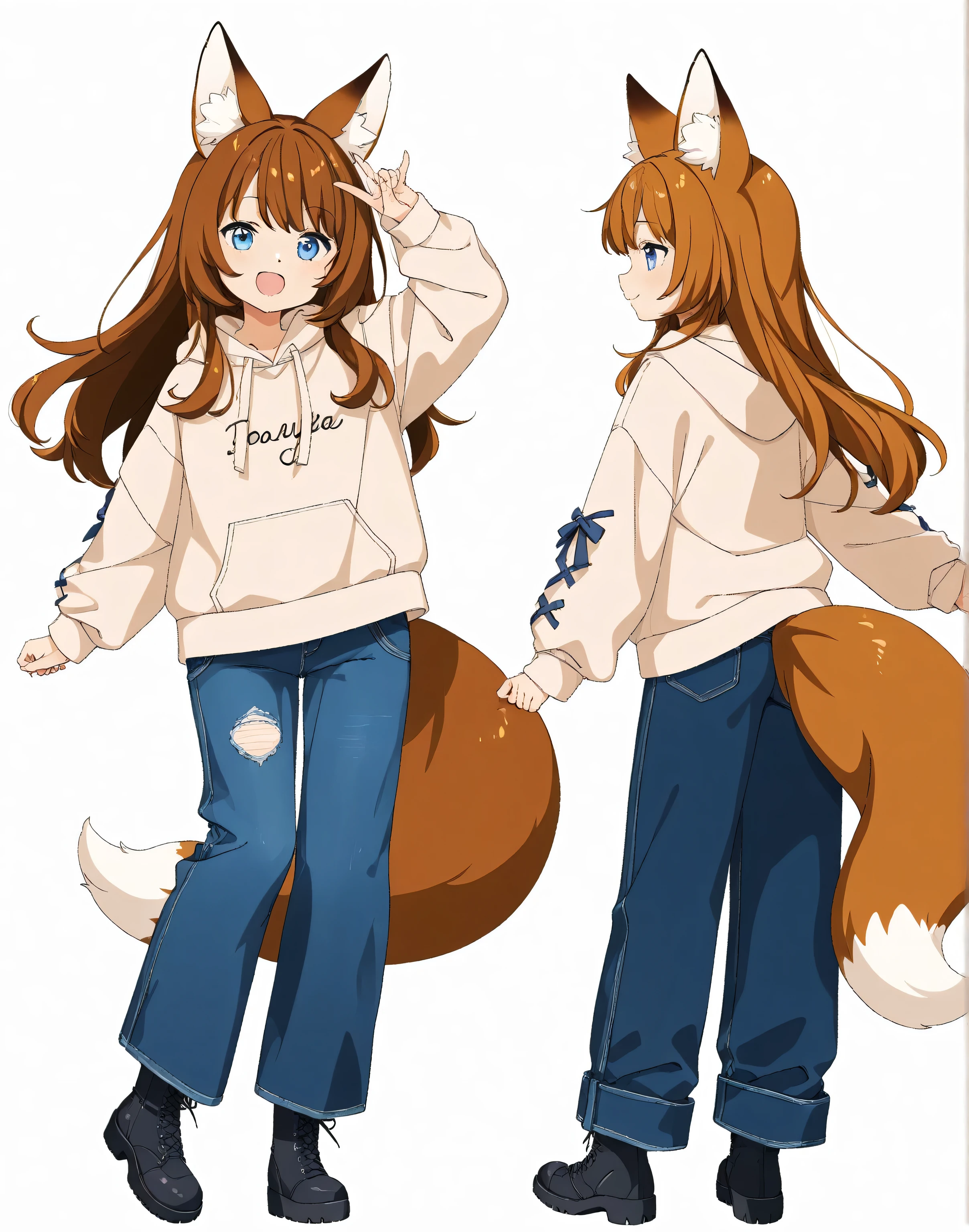    anime style、 cute face、  girl、 fox ears、 Caramel Brown Hair、tail、long hair、 beige hoodie、navy blue wide jeans、boots、blue eyes、smile、Profile、opens his mouth small on his right foot、standing、 arm roll up、Wide leg jeans, loose denim pants, street fashion,