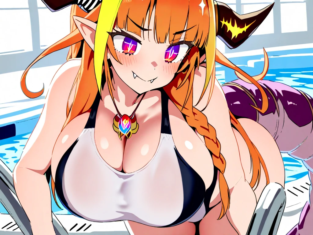 Masterpiece, Hyper detailed, Best quality, UHD, Ultra high resolution, (16K), (((3D))), Albedo_(Overlord), :D expression, 1 girl, (Black_demon_horns:1.5), ((Anatomically correct)), (Fair skin), Voluptuous, Sexy, Curvy waist, Nipples, (Detailed long red/black dress with long sleeves), (Long orange hair), (Hyper detailed eyes, Shiny eyes, Pieeyes, blue eyes, ultra-intricate pupil in eyes, Round eyes, Longeyelashes: 1.0) Long elf ears, (Ultra-detailed face:0.5), (Highly Detailed Lips:0.5), Female_demoness, (Outline, Sharp corners), {{{Dark lighting}}} ((Night)) ((Standing in a center of a very dense forest area with clouds and moon over head)) (soft light coming off of moon)