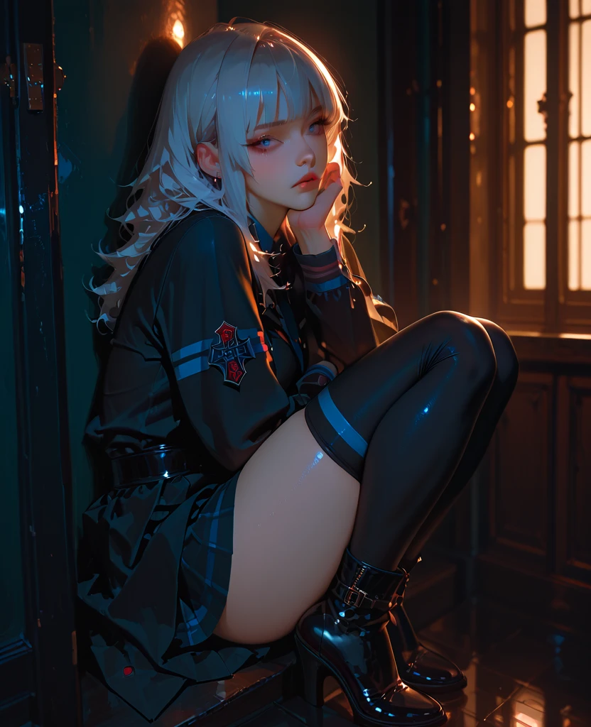 Cool girl, belly button exposed, miniskirt, thin legs, calf-length socks, boots, body wrapped around tentacles and looking like she&#39;s in pain