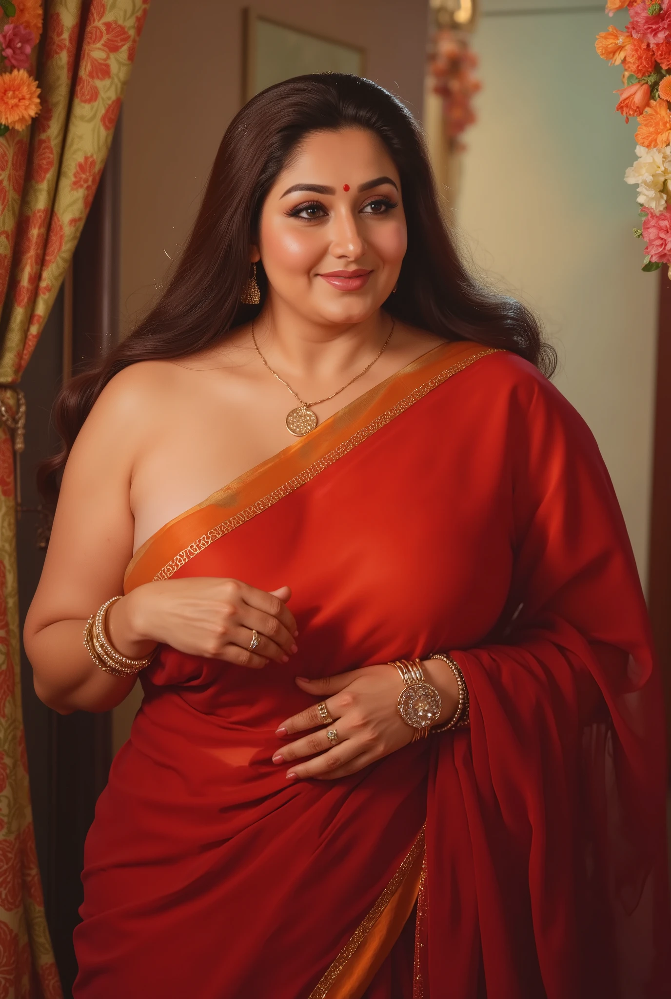 (Centered composition, cinematic lighting, detailed background) — A high-resolution, ultra-detailed painting in the style of renowned Indian artist Manimala, mature South Asian woman, chubby woman, voluptuous figure, full-figured, fleshy curves, Indian aunty, Richly fleshy, deeply voluptuous, and thick-bodied mature South Asian woman with a tall, elegant hourglass figure, mature South Asian woman, chubby woman, voluptuous figure, full-figured, large breasts, fleshy curves, Indian aunty, mature woman face, charm of middle aged woman, 45 years old, with long, voluminous jet-black hair parted at the center and softly curled at the ends. She has flawless skin with glowing makeup: bold eyebrows, dark eyeliner, long lashes, peachy-nude lipstick, and a small white bindi and nose stud. She's smiling slightly and looking sideways with a flirty expression. She is exposing very deep cleavage. She wears a deep red chiffon saree with a shimmering gold border, she is blouseless with her top exposed, nipples. She's accessorized with a delicate gold necklace with a round pendant, gemstone rings, a bracelet, and pearl stud earrings. A visible tattoo with floral and symbol design is on her wrist. The background is softly blurred with warm colors and floral decor. The lighting is soft and warm, creating a glamorous and vibrant vibe, photorealistic textures, cinematic lighting, elegant composition