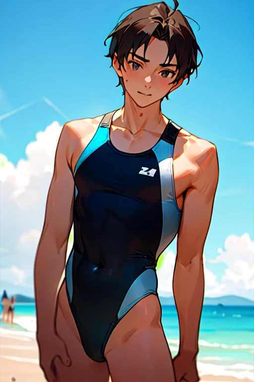 Anime boy in swimsuit, Long twin-tailed brown-haired boy, Boy with long two-sided brown hair, Boy with Purple Eyes, wearing a swimming wear, Swimsuit, Wet swimsuit, Seductive Anime Boy, garments:High-cut swimwear, Cool anime boy in black and yellow tanksuit, anime moe art style, swim wears, Commission for high resolution, Competitive swimsuit, (Anime Boy), onepiece swimsuit, marin kitagawa fanart, high quality fan art, highleg, cel shaded anime, swimsuit model, oc commission, [ 4 k digital art ]!!, Realistic swimwear, Yellow Hairband, Bare shoulders, bare legs, !!Full body portrait!!,