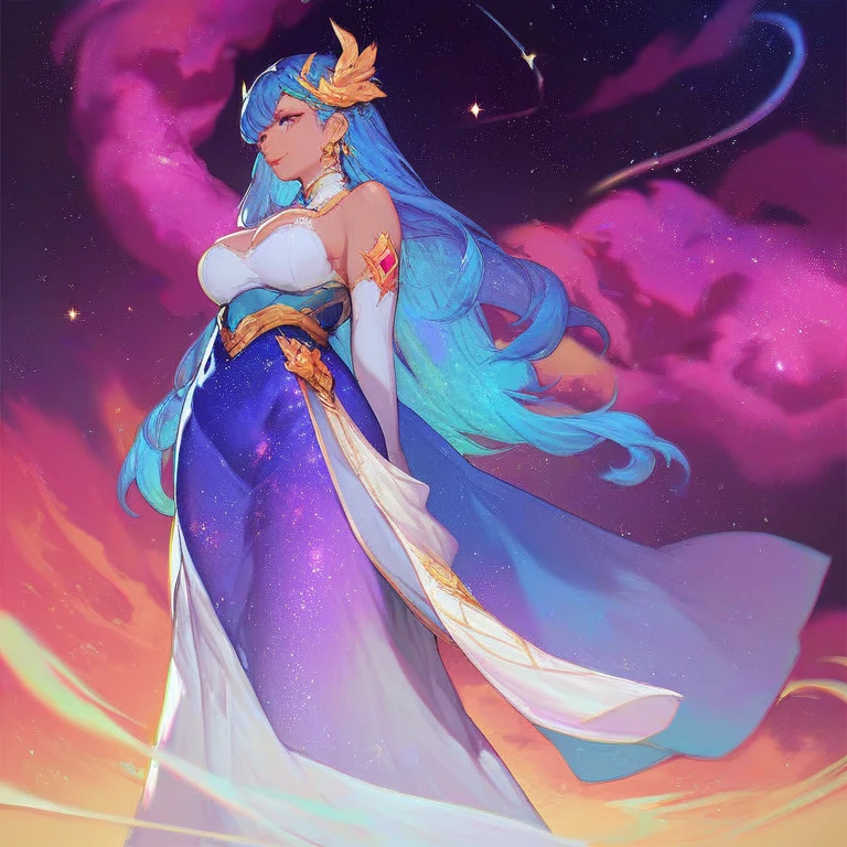 a painting by Alphonse Mucha, A beautiful moon elf, in a pinup pose, wearing sexy robes, moon in background, detailed face and eyes, realistic, full body, ultra-detailed, masterpiece, 8k, vibrant colors, dramatic lighting