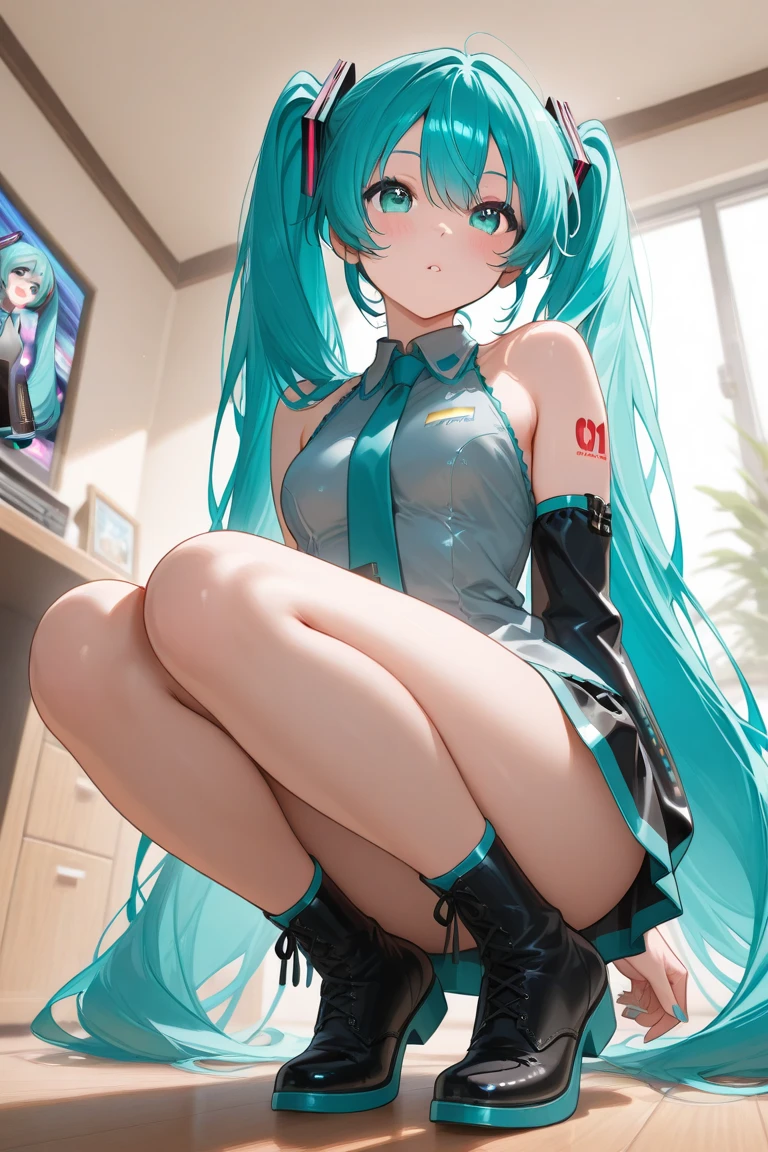 One girl, blush, chest, Dress See who sees it, Thigh high socks, panties,cyan dress, shoes, Cyberpunk Hair, , smile, sneakers, alone, Spread your legs,Wet, underwear, panties