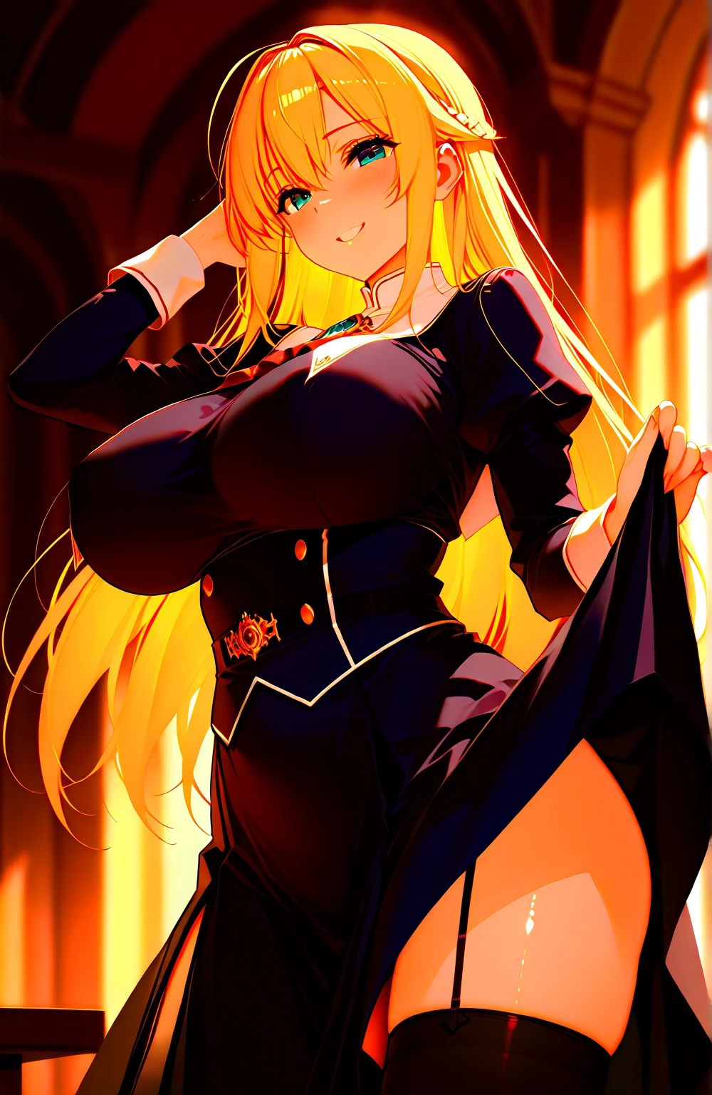 masterpiece,(bestquality),highlydetailed,ultra-detailed, dark, solo, (1girl), blackfootwear, blondehair, boots, breasts, card,(full view), cleavage, coat, wearingacoat, fullbody, hat, heart, kneehighboots, (yellowboots), leotard, letter, longhair, (mediumsizedbreasts), (playingcard), smile, standing, yellowbackground
