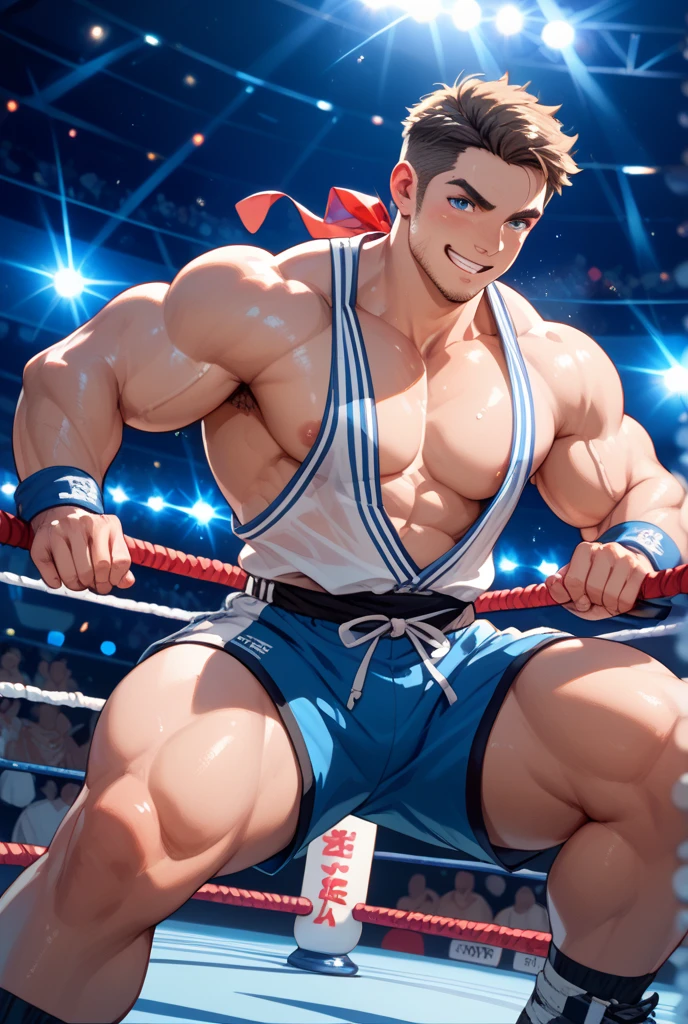 ((Best Quality, 8K, ultra-detailed, Masterpiece: 1.3)), 1boy, shiny skin, sharp, Perfect Body Beauty, realistic shaded perfect body, (cute :1.1),("wrestling wear, big bulge ":1.2),(dynamic pose:1.1), thigh , (bulge focus:1.2) ,squatting