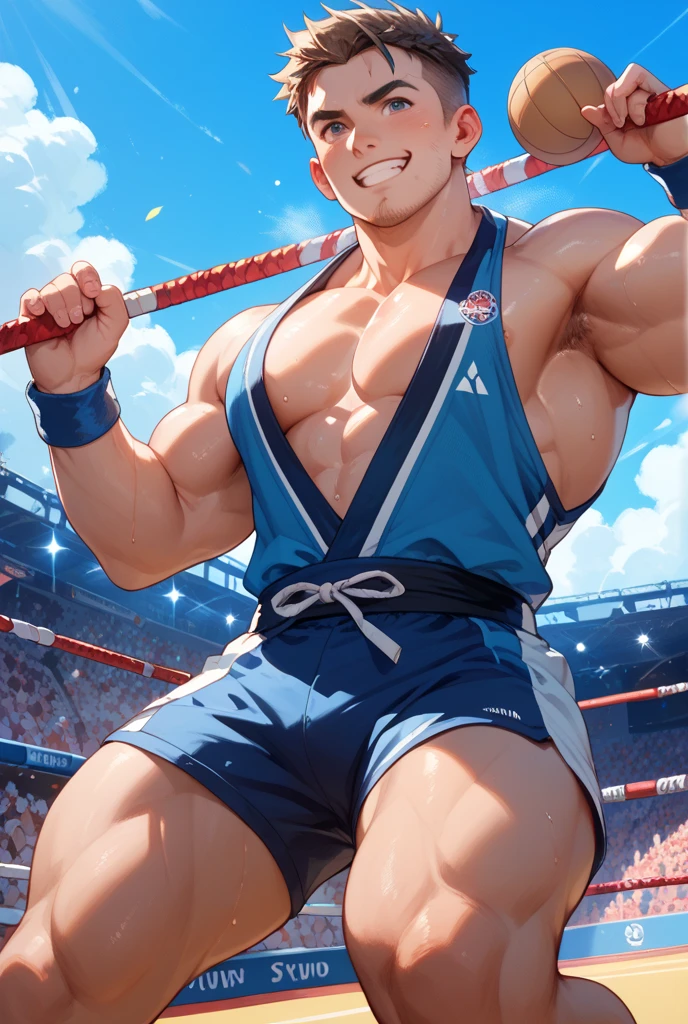 several characters on scene ((5 boys)), sweaty, oily skin, viscous white fluid running down the body, obscene expressions, wrestling together in a competition with an audience, nicebulge, wrestling singlet.