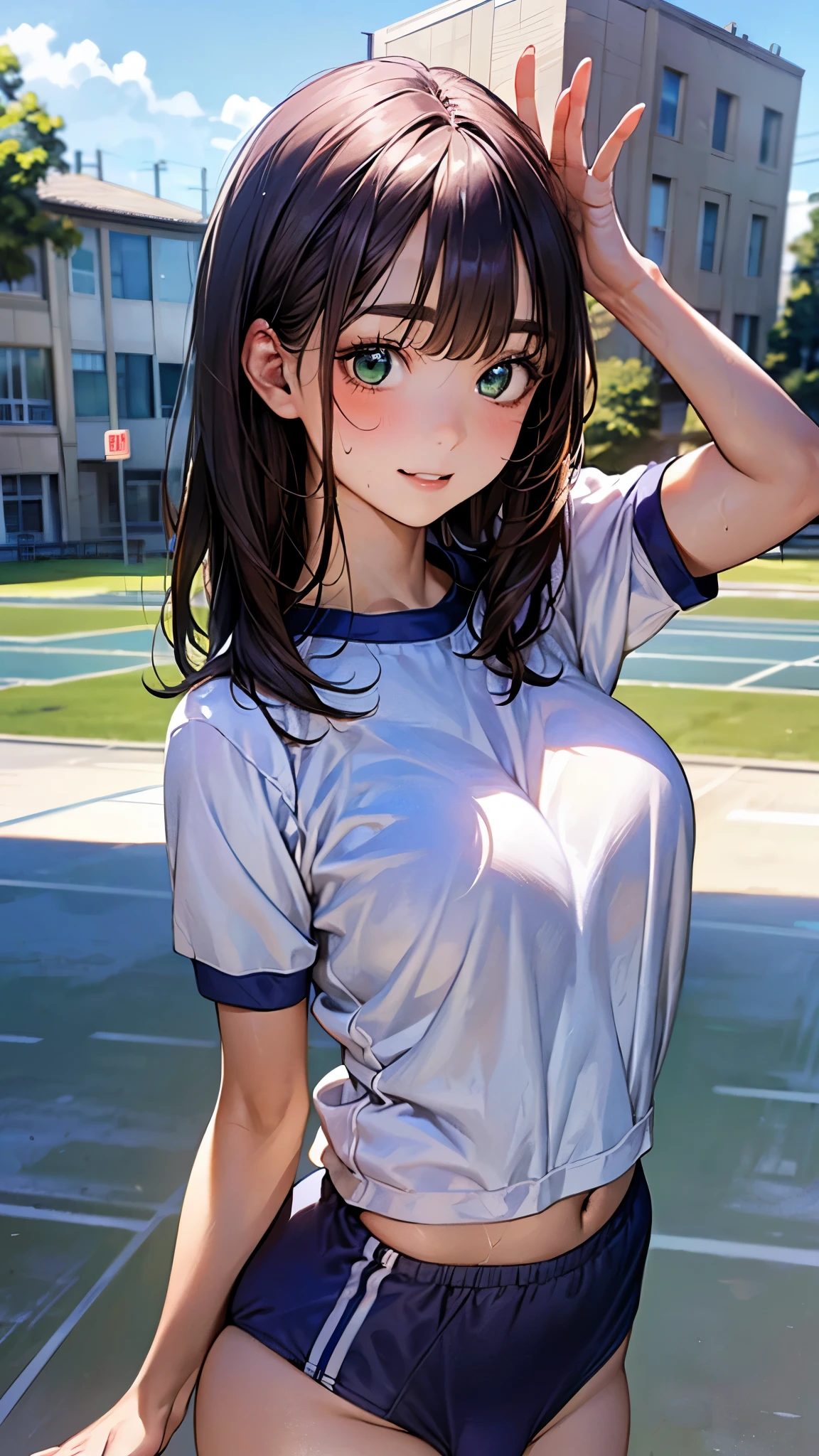 top-quality、Full limbs、complete fingers、1girl in、((one beautiful women、独奏))、Beautiful Large Breasts、Medium Hair、poneyTail、A dark-haired、(White gym uniform that covers the upper body)、((dark blue high leg spats))、schools、School grounds、school buildings、sports ground、Naughty Poses、Face that perseveres、run