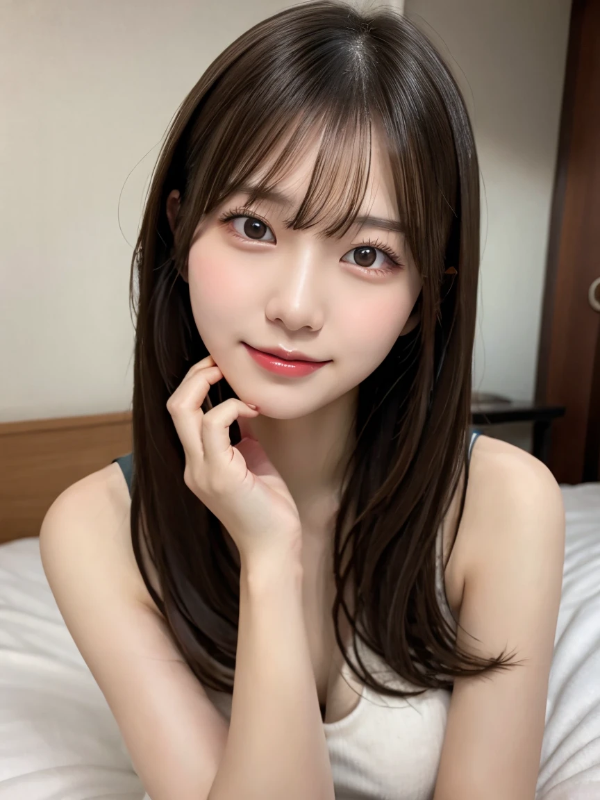 (8K, RAW Photos:1.2), Detailed face and eyes, Highest quality, Ultra-high resolution, Very detailed, Ultra-intricate details, Tabletop, Very cute girl, Soft cinematic light, Hyper Detail, Sharp focus, super high quality, Long wavy hair with brown hair, 16-year-old girl, Very beautiful plump G cup, The whole body is shown, Quite embarrassed,Really kissing face, A seductive, sexy look, Very plump whole body, On the bed in the room, topless, Very beautiful nipples, Full body nude, Extremely realistic skin texture