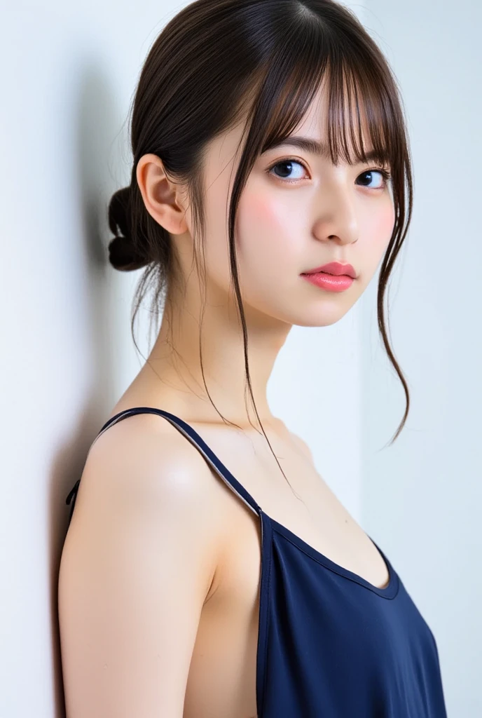 ((highest quality, masterpiece :1.3)), Photorealistic、Ultra-high resolution、Natural skin texture、Hyperrealism、Ultra close-up、One beautiful Japanese girl、Sparkling Eyes、Tight navy blue one-piece swimsuit、Rope bondage around the chest、Anxiety expression、Scared、locker room
