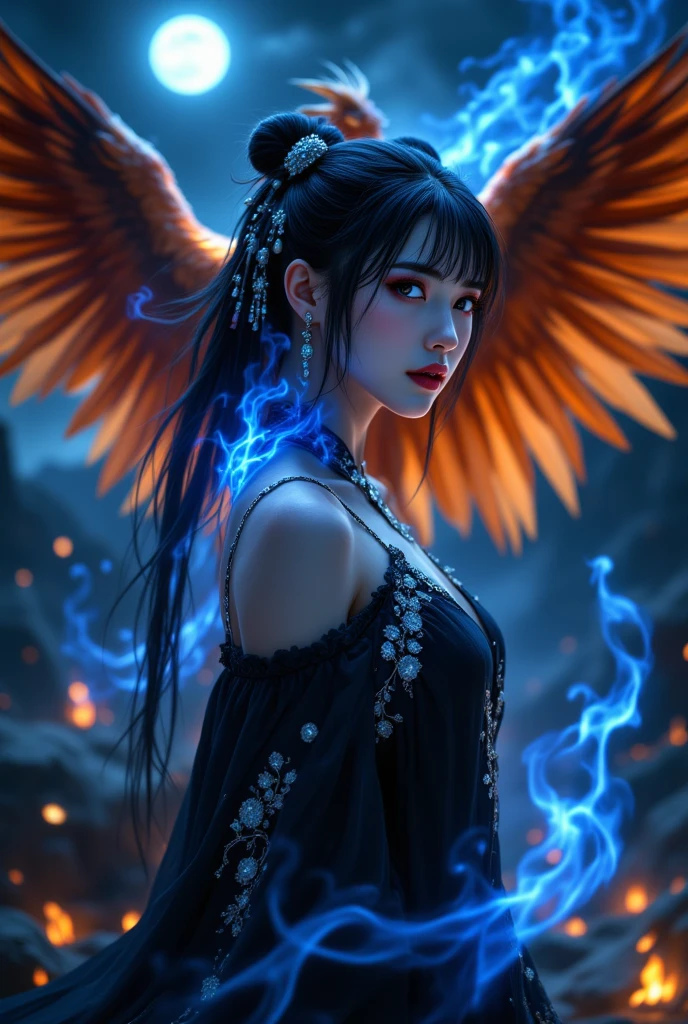 modelshoot style, the most beautiful artwork in the world featuring a (gothic angel cute woman in skirt:1.2), ((navel :1.5)), (( black and indigo dress:1.2)) sexy pose infront of a gorgeous glowing forest full of fireflies flying around, large detailed wings, (dark force:1.3), 35mm lens, f/1.8, 8K, clear facial features, (cinematic action scene:1.2), accent lighting, global illuminatio, trending on ArtStation, trending on CGSociety, Intricate, High Detail, Sharp focus, (dramatic:1.1), photorealistic painting art by midjourney and greg rutkowski