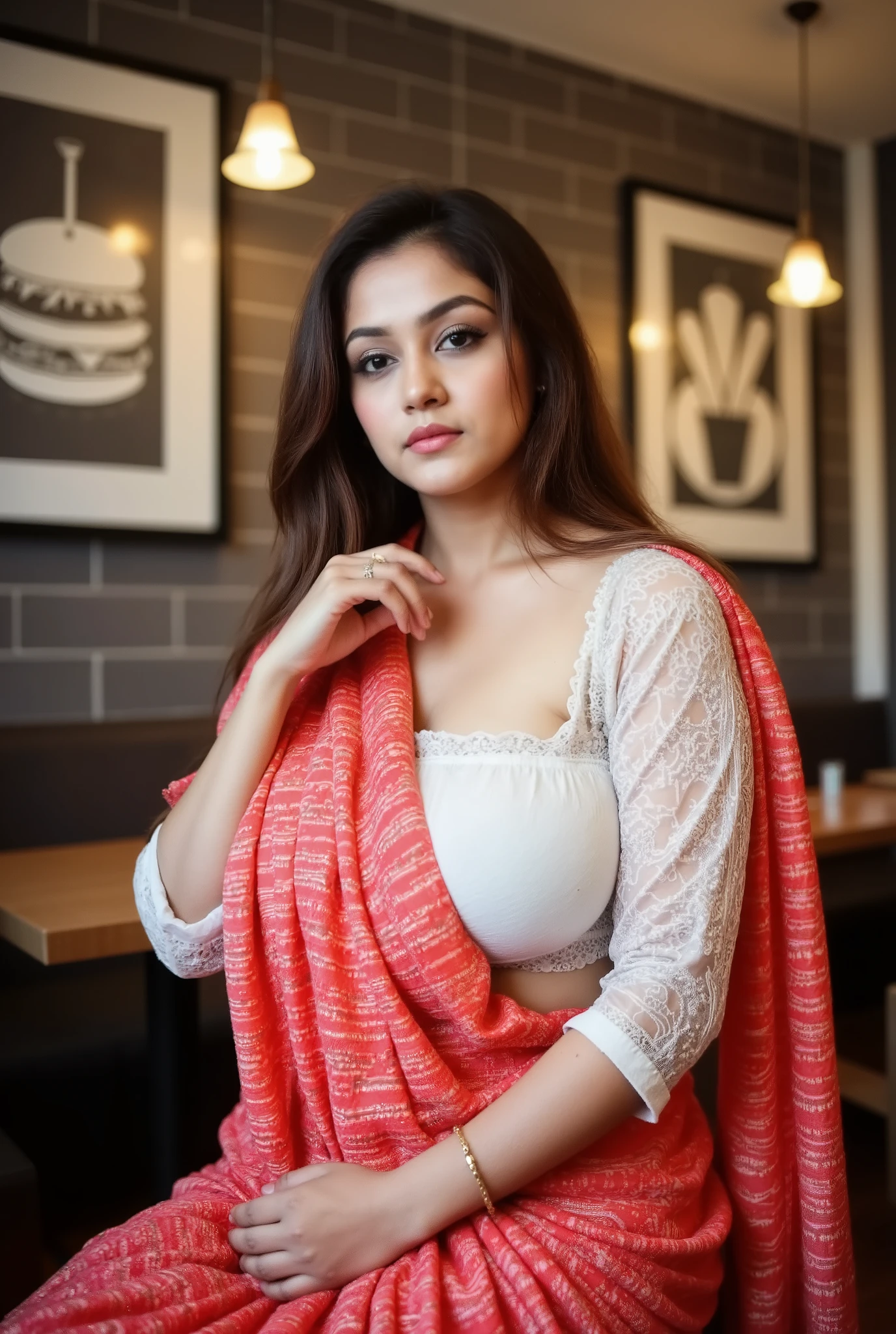 A woman is wearing a traditional Indian saree, predominantly red with subtle horizontal stripes. The saree is draped elegantly over her left shoulder and across her chest. Underneath the saree, she wears a white, three-quarter-sleeved blouse with a delicate lace pattern. The blouse has a modest neckline. She is seated in what appears to be a modern restaurant or cafe setting. The background features two framed black and white posters with stylized images of a burger and a container of utensils. The lighting is warm and inviting, with two pendant lights hanging from the ceiling above her. The wall behind her is tiled in a dark gray or black color, creating a contrast with the lighter elements in the scene. She wears a simple bracelet on her left wrist. Her hair is dark and falls loosely around her shoulders. The overall impression is one of a casual yet culturally rich setting.