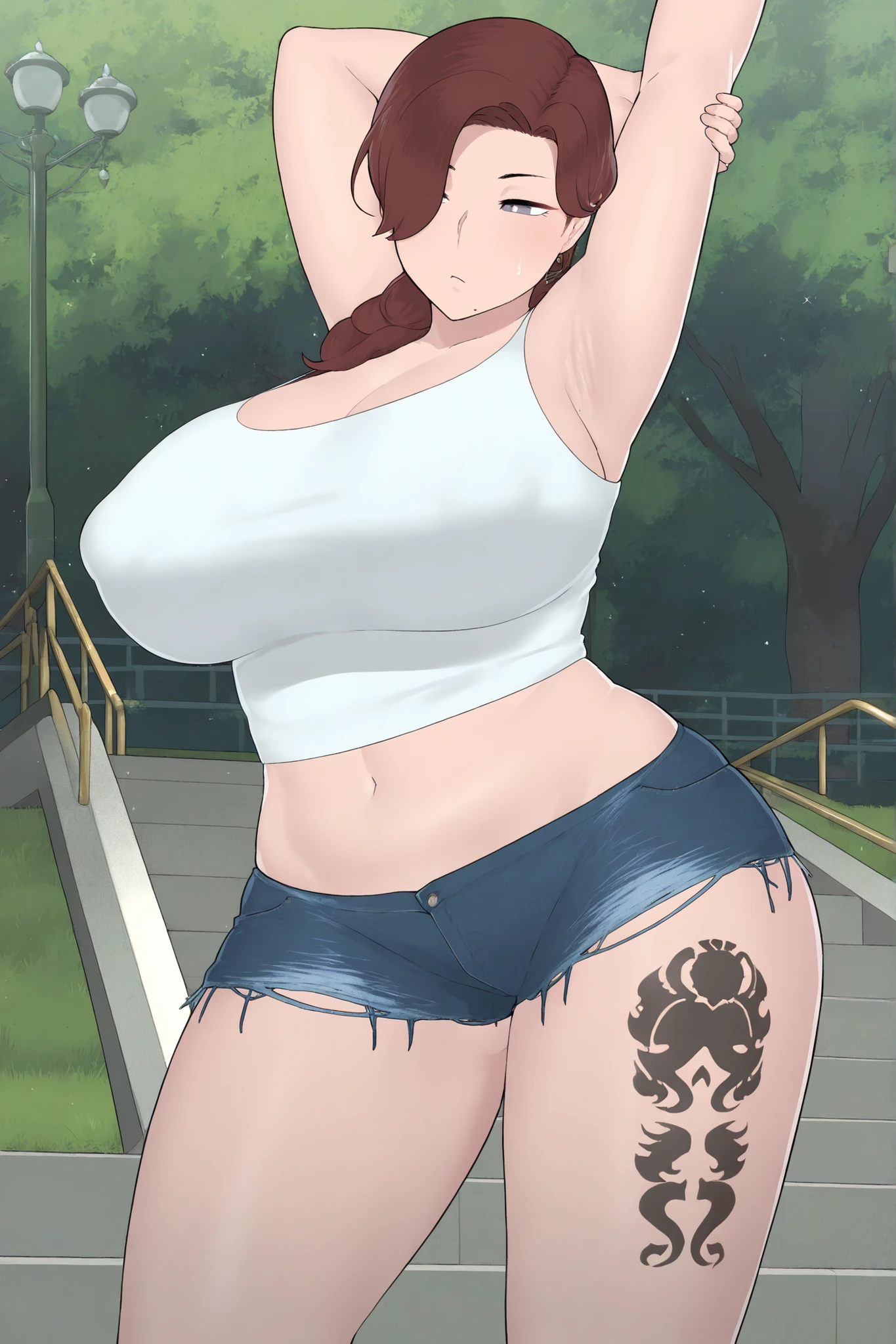1 woman, long wavy orange hair, green eyes , sly face , glasses , black bikini , abdomen, big breasts , Put your hands on your hips. , canvas shoes , public