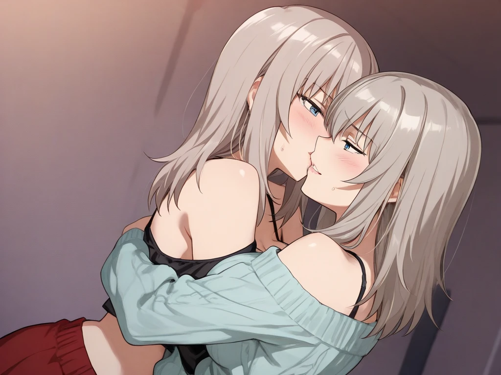 highest quality、Two girls in their twenties, completely naked from head to toe、Idol Face、Slender body、Lying in bed kissing