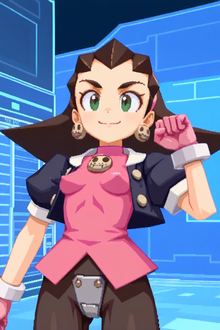 zPDXL, score_9, score_8_up, score_7_up, source_anime, 1girl, solo,
rcklgnd, tron bonne \(mega man\), brown hair, green eyes, pink dress, black jacket, black pantyhose, hair slicked back , angry, outstretched leg, bikini