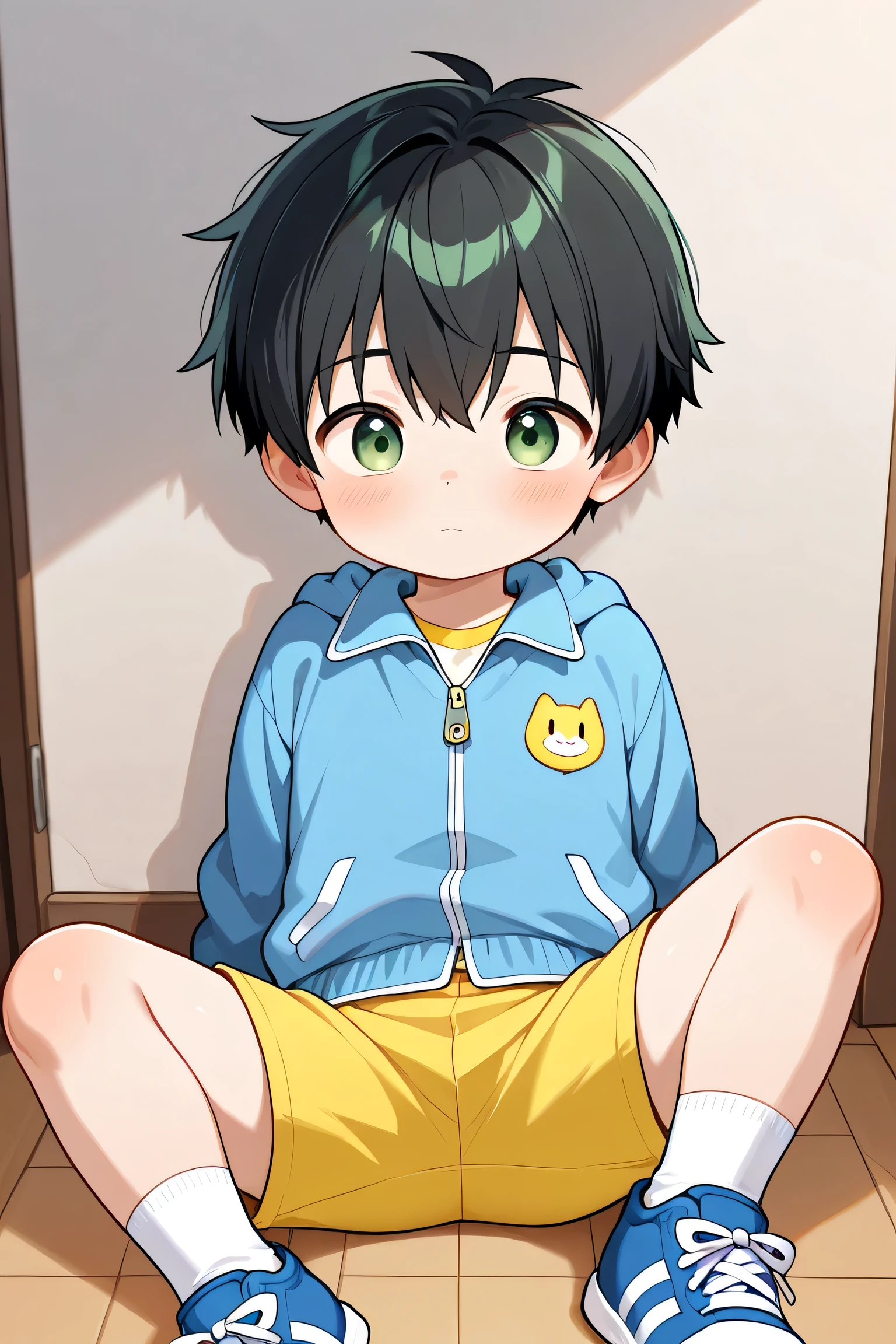 1 little boy, kid, shota, with short brown hair and green eyes, shirtless, shorts, blushing and shy, in a bed