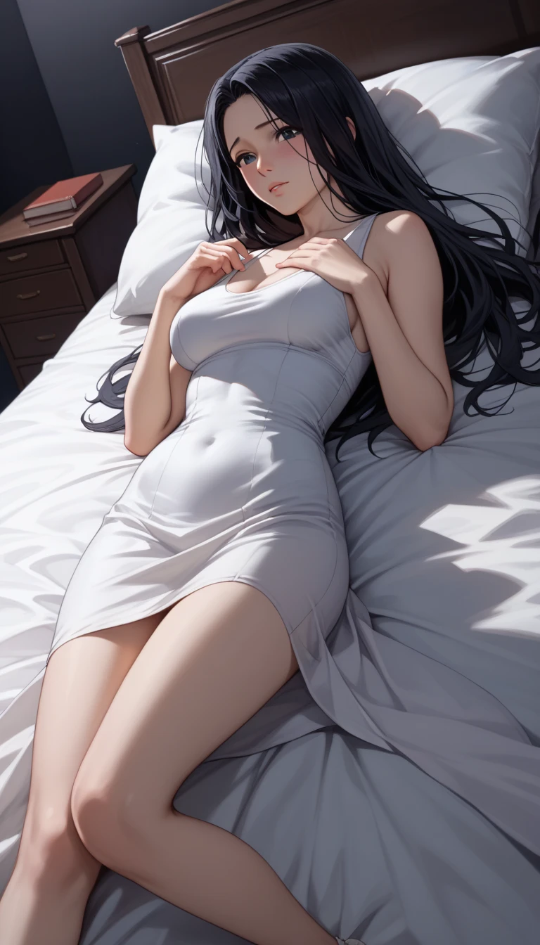 Stunning Chitanda, There is only one beautiful girl,purple eyes, black hair, single ponytail, straight bangs,extremely refined,adult face,lips open,flowing long hair,Peerless beautiful girl, dreamlike,Slim,soft, (Sensual), (kawaii), Dream quality,Wearing only a white sweater,bed,raise your legs,strong sunlight,summer,hair covering chest,extremely shy,Hands are not exposed,no pants,There are no shoulder straps,camel toe,no underwear,side breasts,showing areola,Bare thighs,bare shoulders,Clavicle exposed,bare neck,groin,barefoot,bare breasts,ultra high resolution, (masterpiece:1.2, best quality), (Exquisite and beautiful eyes: 1.2), (Beautiful and delicate face)