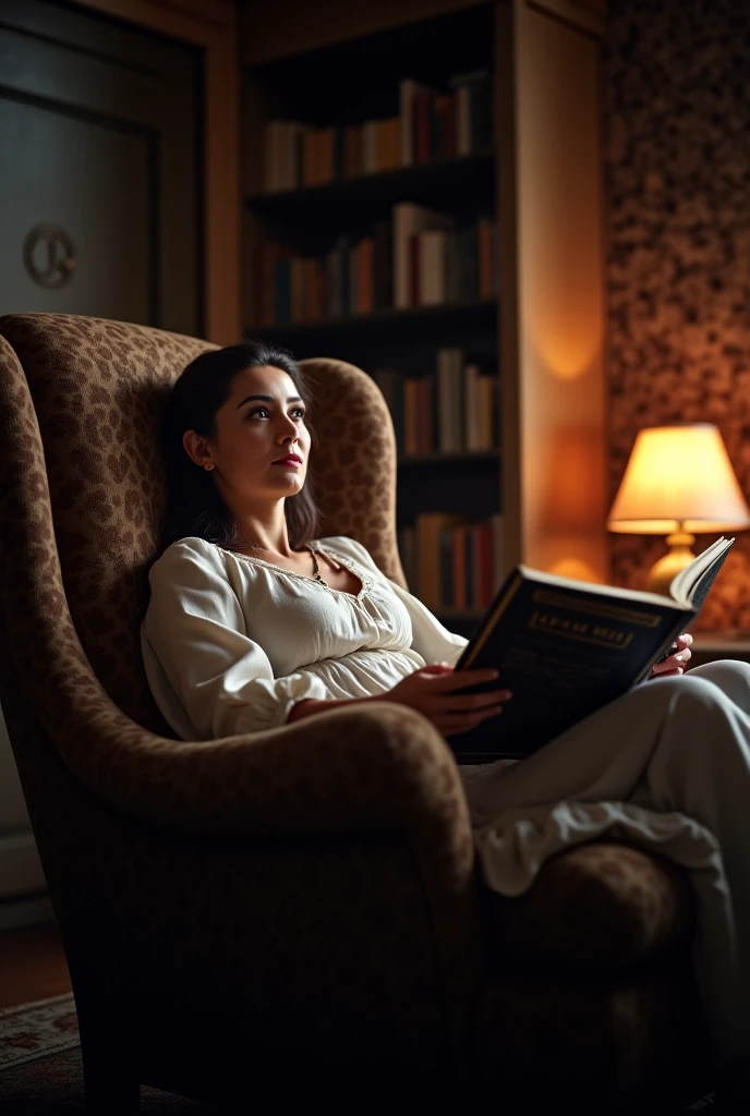 luminacion cinematografica, ultra detallado, vista general de la habitacio Retrato media distancia de mujer joven elegante recostada en un divan, leyendo un libro. elegantee Persona en vestido a medida principio del siglo 20 elegante, todo el ((estilo de la obra art deco ))Luz natural, elntra el sol de la tarde por una ventana, jarron con flores, obras de arte, otro mobiliario Altamente detallado, Pintura digital, Artstation, Arte conceptual, Suave, foco nítido, illustration, Arte por WLOP, Mars Ravelo y Greg Rutkowski (Piel alta y detallada:1.2), 8k UHD, DSLR, Soft lighting, alta calidad, Film grain, Fujifilm XT3 mix4 Wildstyle RAW foto,
