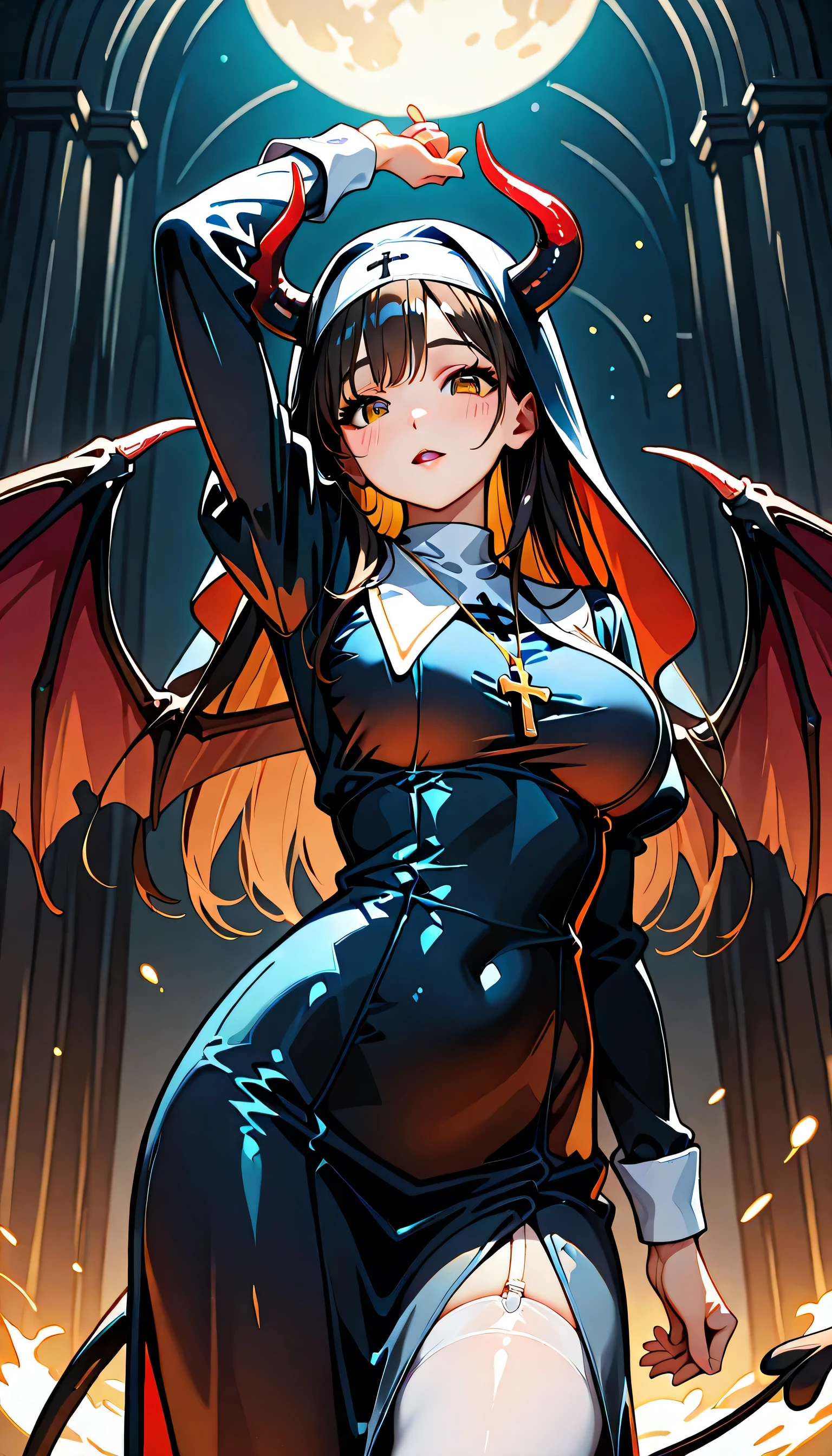 (score_9, score_8_up, score_7_up), source_Anime, absurd_res, white, blue, black, 1girl, solo, upper body, super fine illustration, an extremely delicate and beautiful, best quality, masterpiece, 8K, Walpurgis night setting, standing in hell, gentle breeze, moonlight, thick eyebrows, half updo, Sagging eyes, long hair, black hair:1.3, brown eyes, (wearing glasses:1.3), (round eyewear:1.3), ample breasts, Girl, Succubus, Clothing, Latex, Sister, Apologies, Character, Nun, Flux, Kiri, Horn, Devil's Horn, Wings, Devil Gir, ultra-beautiful girl, fluttering hair, evil grin:1.3, blush:1.3, looking viewer, dynamic pose, contrapposto pose, soft fabric movement, fluttering petals, warm and bright atmosphere, soft lighting, delicate color palette, detailed clothing folds, flowing hair, lively Walpurgis night vibe, highly detailed rendering, breathtaking composition,