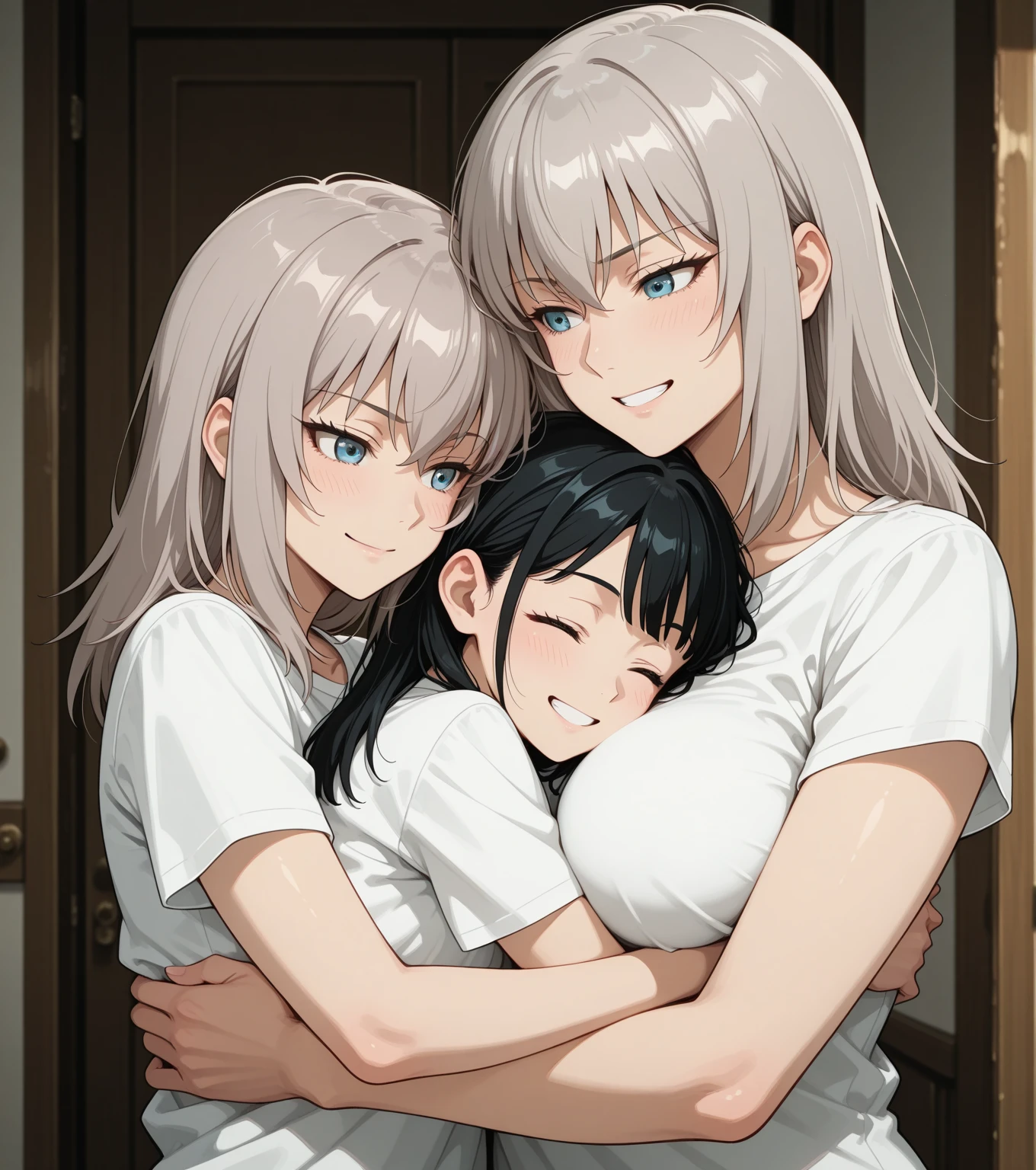 crea a una mujer bonita que tenga el cabello corto color cafe oscuro y que tenga una camisa de KOAJ color beige y pantalon de jean que sus ojos sean oscuros y tenga una sonrisa con su hija anime