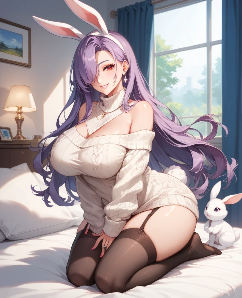 Realistic,Highest quality, Ultra Detail, High-quality CG rendering, The most delicate and beautiful, Floating softly, High resolution, (1 girl), (Highest quality,4K,8k,masterpiece:1.2) ,Light purple hair,Rabbit,(Bunny ears:1.5),(Long Hair:1.5),Red eyes,(Completely naked:1.5),room,Upper Body,Collapsed in bed,Defeated,,(Slightly larger breasts:1.5),Sleep,Are sleeping,Eyes closed,Open your mouth a little,Prone,(Turn your back to your audience:1.3),Ass,(背中にウサギのAss尾:1.5)