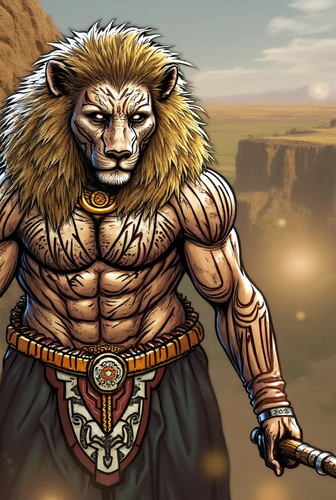 futuristic image of a lion, Straight posture, muscular body, ferocious lion, with a sword、Doraemon、tattoo、tattoo