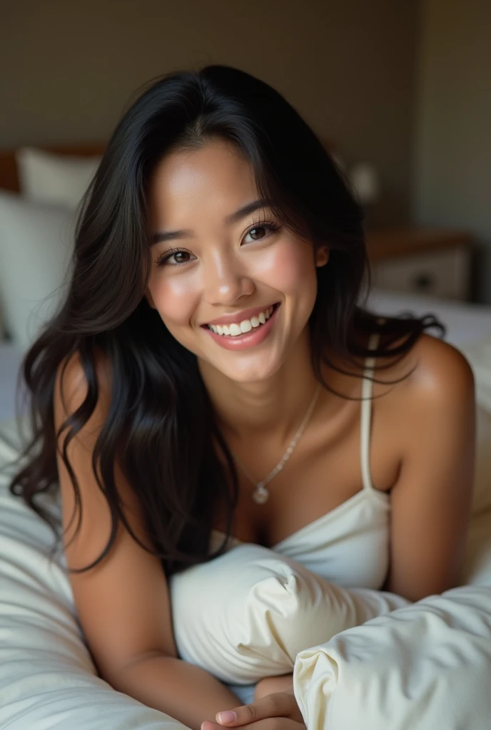 a 28-year-old woman weighing 80 kilos lying in front of a bed, perfect straight black hair, wearing a tshirt, lying on the white bed, coming out of the bath in a towel,photoshot