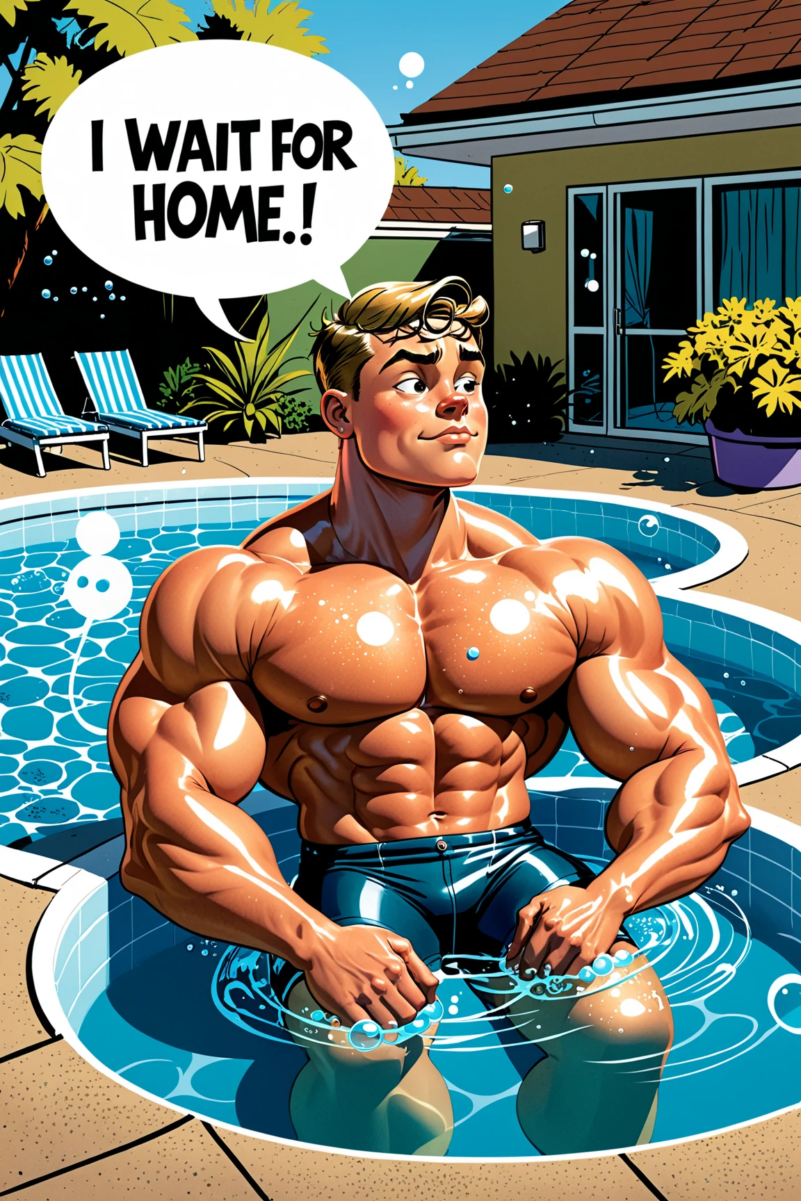 man in a bathtub with shallow water, left leg raised with foot out of the water, knee raised, wearing open blue dress shirt with white tank top underneath, wet, and white jockstrap, white underwear, thin and wet, underwear ((wet)), leg and thigh large and hairy, sexy, leg open, wide, ball appearing to the sides, rolls marked, wet, marking, BARA ART, FANART, STUDIO GHIBLI