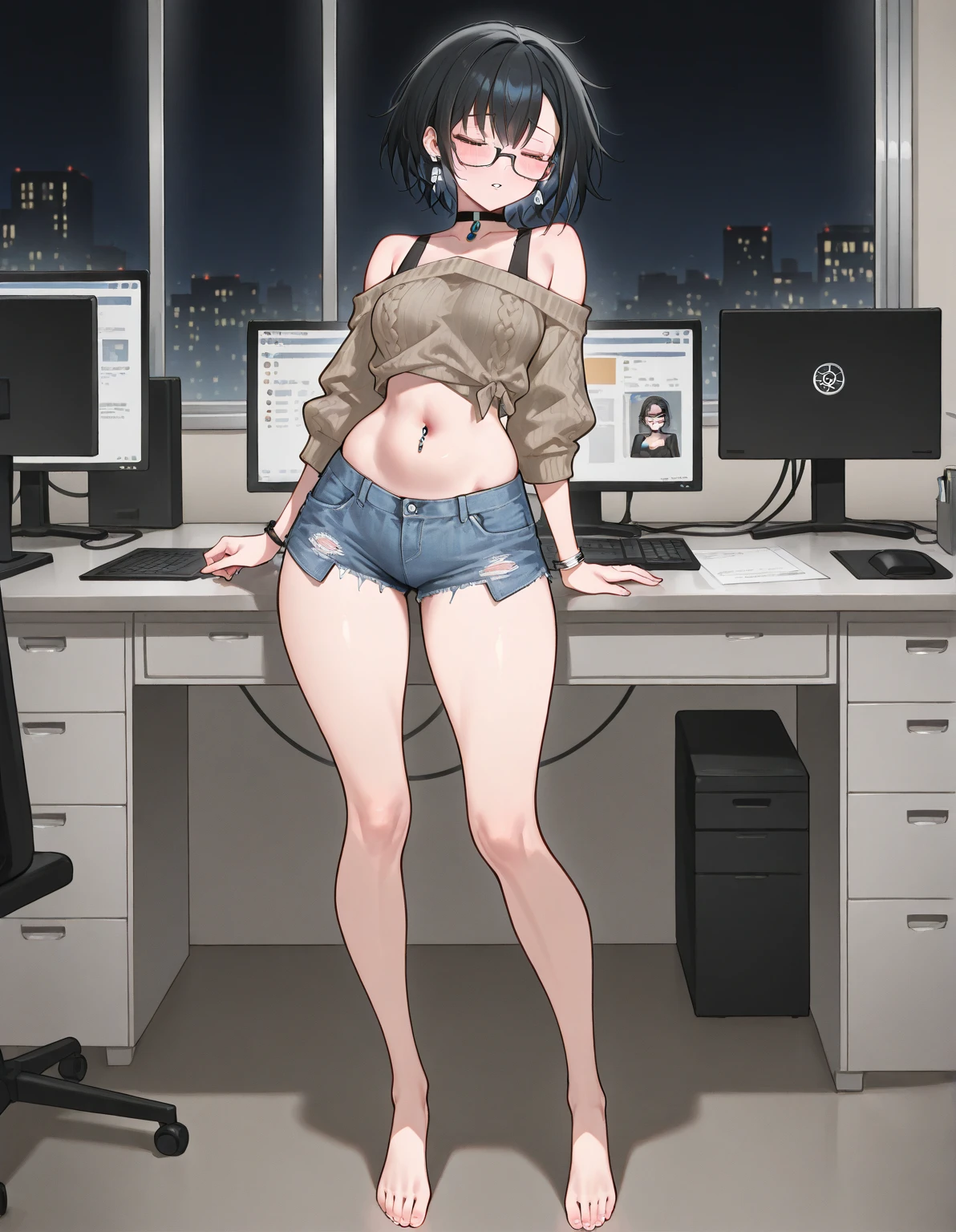 Areola,naked,nude,topless,Black-rimmed glasses,Japanese,Square Glasses,Operate a computer with a flow chart displayed,girl,Nipples,上半身naked,Areola,Armpit,Small breasts,Chino pants,No clothes,Bobcut,Gold Necklace,Leather Belt,Left hand watch,clavicle,Areola