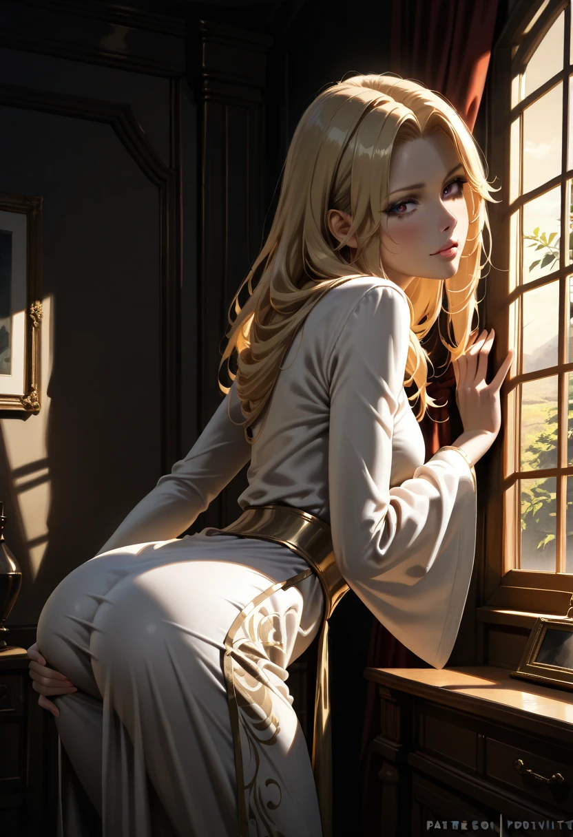 Show masturbation、Golden hair、Beautiful young looking woman、Bold legs open、fullnude、poneyTail、Yellow ribbon hair ornament、Large dirty areolas、Crisp and trimmed armpit hair、Clearly trimmed pubic hair、Sweat dripping from the crotch、Blackened and worn-out female genitals