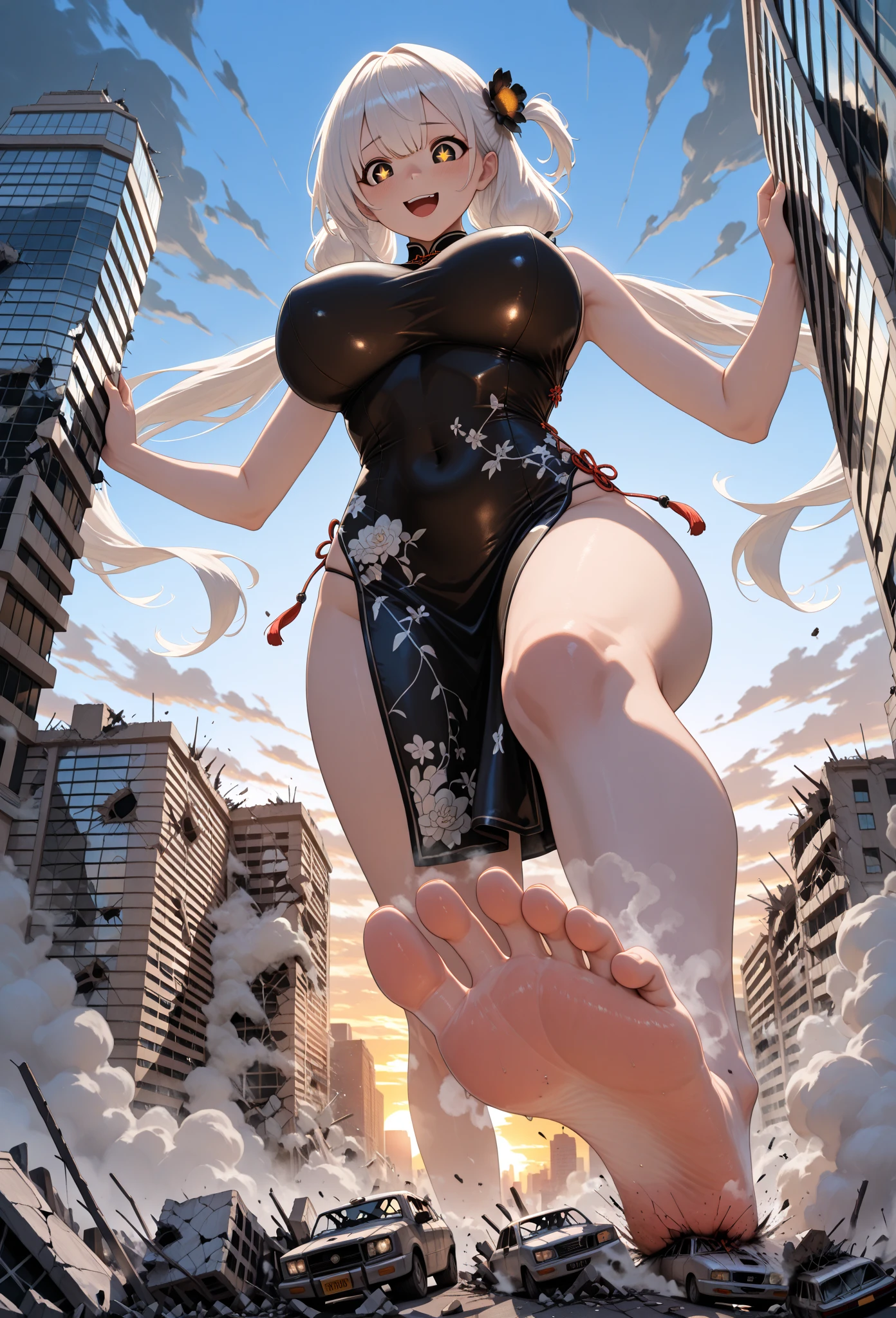 1girl, gtscity, A beautiful girl sitting against a small building as she looks down at tiny people in a tiny city, naked, beautiful, barefoot, detailed, anime style, detailed, elf, red bikini, high heels, white hair, hearts, she fell in love with little guy that standing next to her foot, huge breast, very huge breast, huge ass, very huge ass, sfw, hearts, she's found her love, happy, smiling, look at you