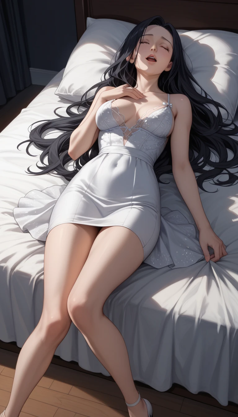 a lovely wife。Look at you with tender eyes(Brown eyes)。One hand brushed his forehead and let his bangs slide.,The other hand is behind his back。 is wearing dress(Sweaters)medium boob。White stockings on the legs(A detailed)。Wearing cotton slippers on feet。Dewy, smooth and fair skin。There is a cute hairpin on the head。Perfect body proportion。Beautiful figure。8 k hd wallpaper。Bedroom scene(modern style home)the soft light。Lie down in bed。Limit excess limbs。The composition is reasonable