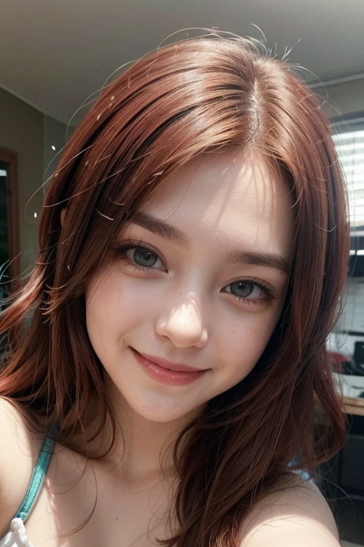 young looking girl of 22 years, Long hair, redhead, happy smile, grey eyes, pink shirt