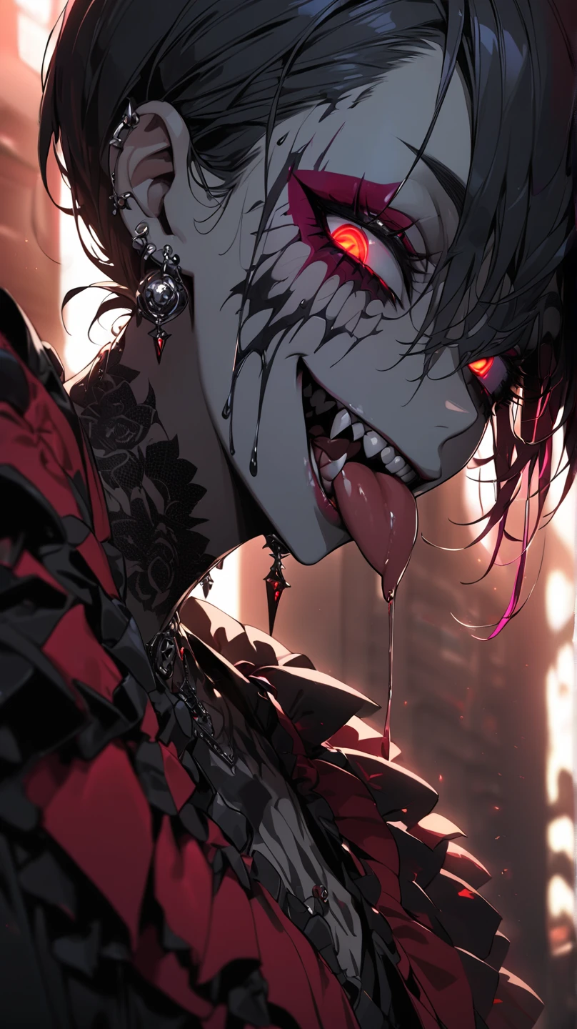 1boy, black hair, short shaggy hair, hair between eyes, earrings, jewelry, long sleeves, male focus, looking at viewer, solo, red eyes, sadistic smile, facing viewer, tongue, saliva drip, saliva trail, off shoulder, black sweater, black clothes, sleeves past wrists, (blood on face:1.1), blood on clothes, <lora:Death:0.8>