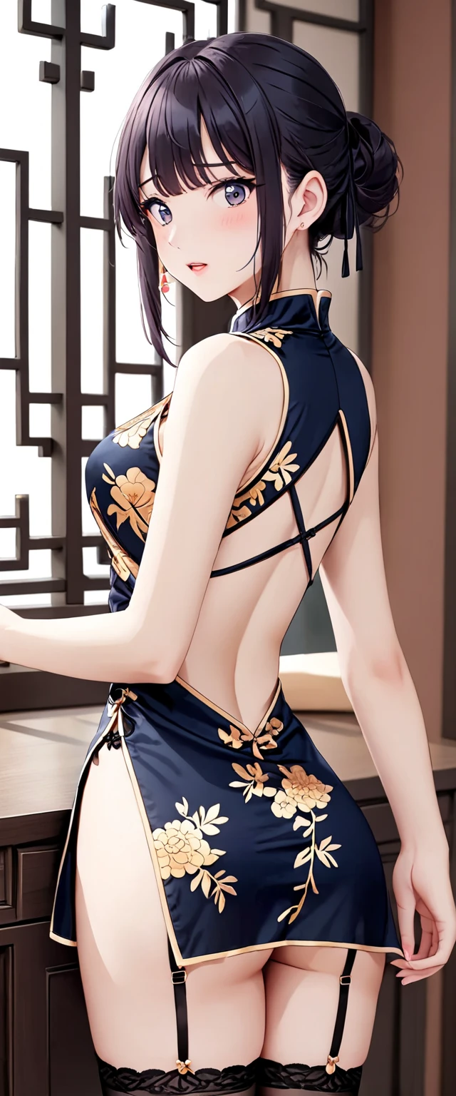 High resolution, adult woman , good lighting, despicable, , (No nudity), (((China dress))), (()), ((())), (garter belt), abdomen only, (),  ,  cute face, I&#39;Iは恥ずかしくて赤面します, humiliating, ((look back)), ((See-through))()(T-back)(A large amount of material is attached to the body,)