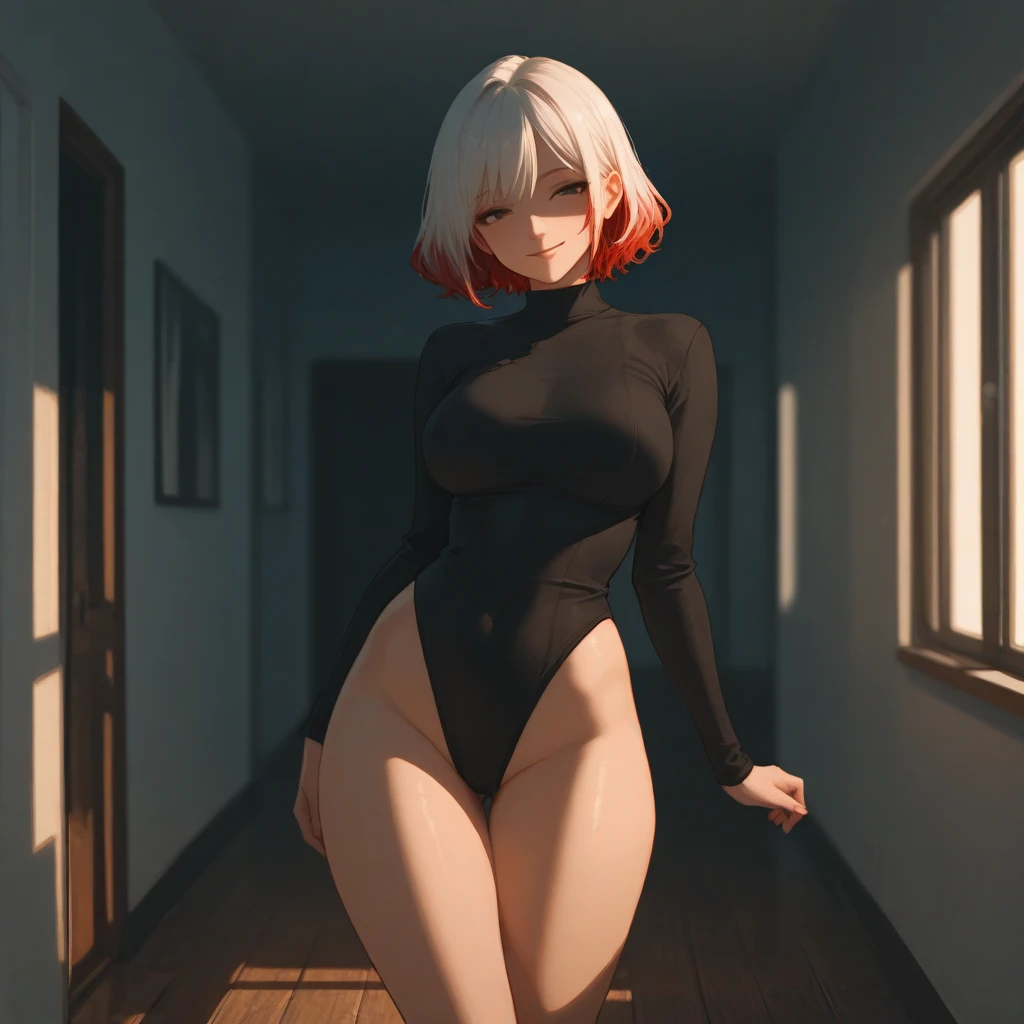 1 Girl, medium light white hair, light white eyes, wearing Red Suit 4D , night TOWN 18+, high res, ultrasharp, 8K, masterpiece, looking from behind