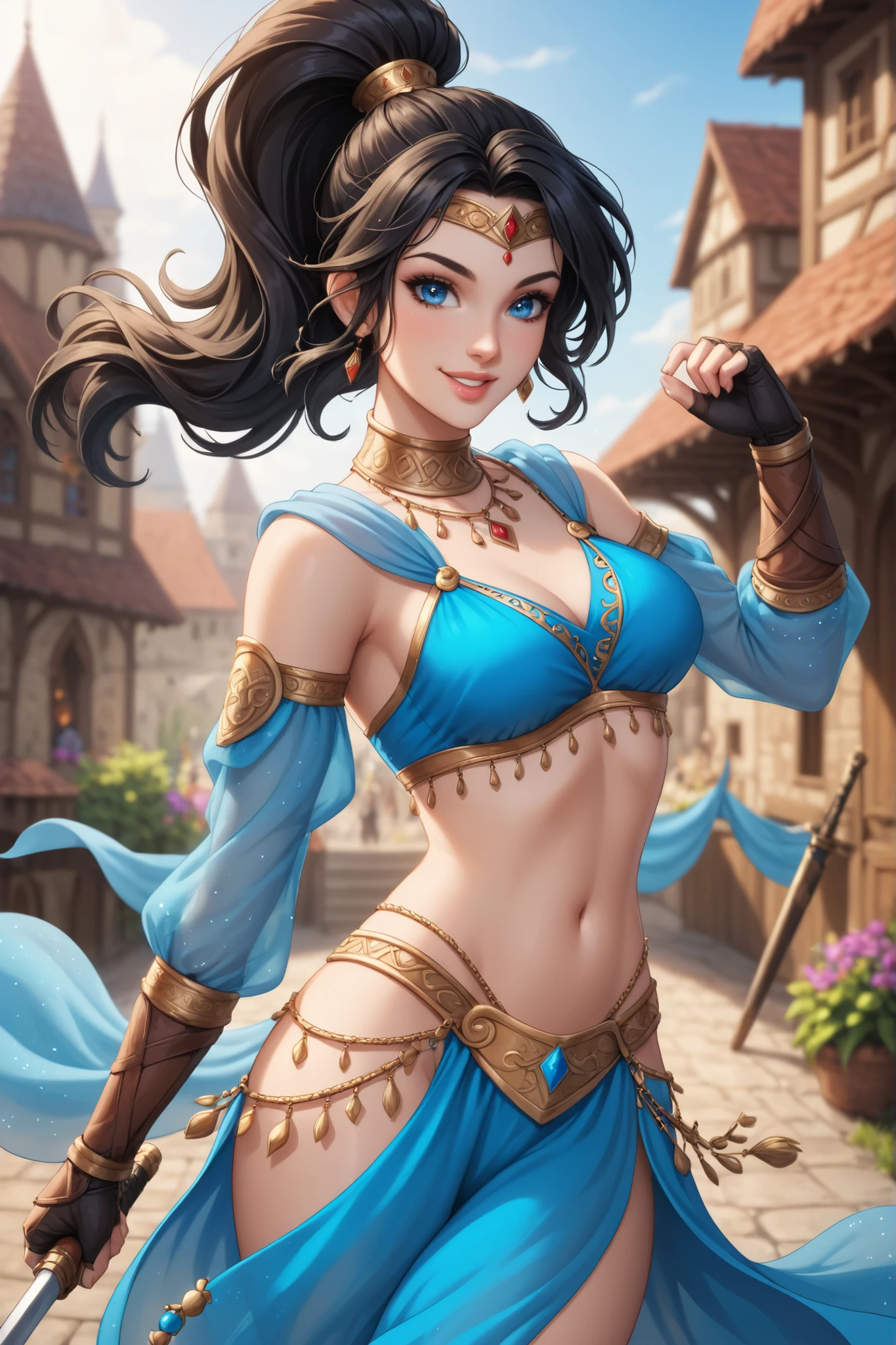 1girl, vibrant blue eyes, black hair, ponytail, adult woman, lips, medium sized chest, assassin, revealing dark blue dancer assassin outfit, sexy body, smiling, medieval, RPG fantasy