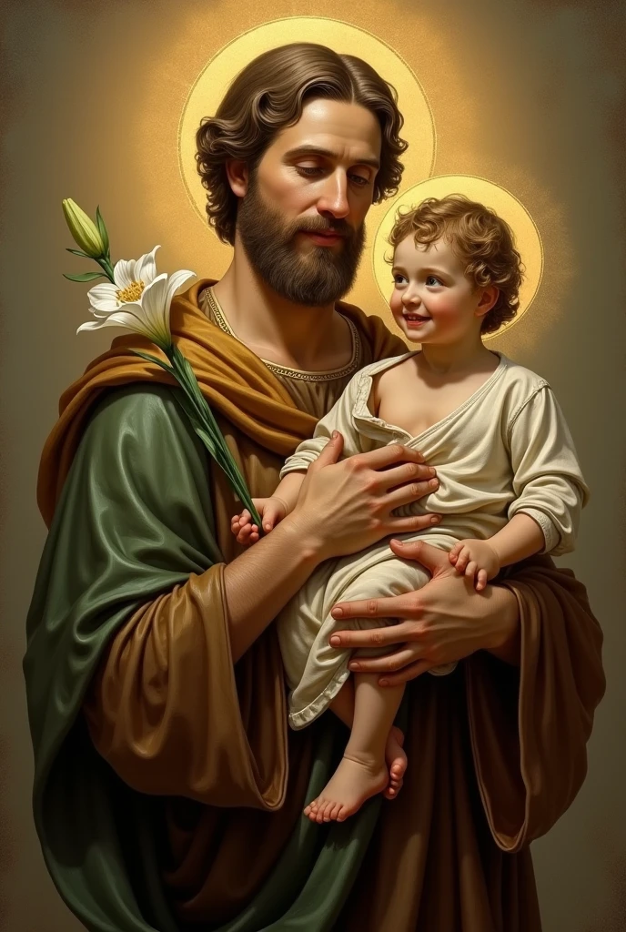 In this Impressionist Oil Painting with an aspect ratio of 3:4, Michelangelo masterfully depicts a full-bodied Saint Joseph, the beloved husband of Mary. Clad in monk's robes, Joseph holds the baby Jesus delicately in his strong yet gentle arms. His face is radiates warmth and love, highlighted by a curly blonde halo that casts a soft, ethereal light behind him. The texture of this Oil Painting is brought to life through impasto palette knife strokes, creating a thick paint texture that gives an inviting, joyful sensation as one observes this heartwarming scene.