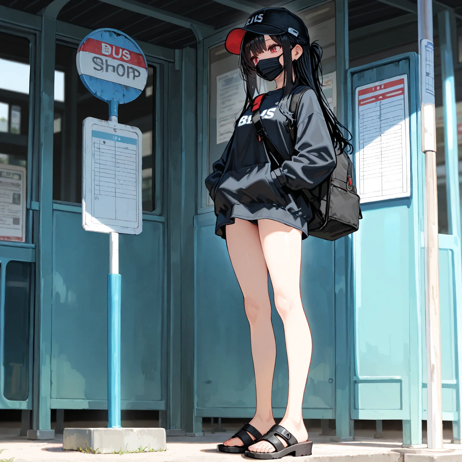 1 girl, slime shapeshifter, outdoors，In the bus, looking at the audience, casual, black hair, bare legs, standing, Black underwear，